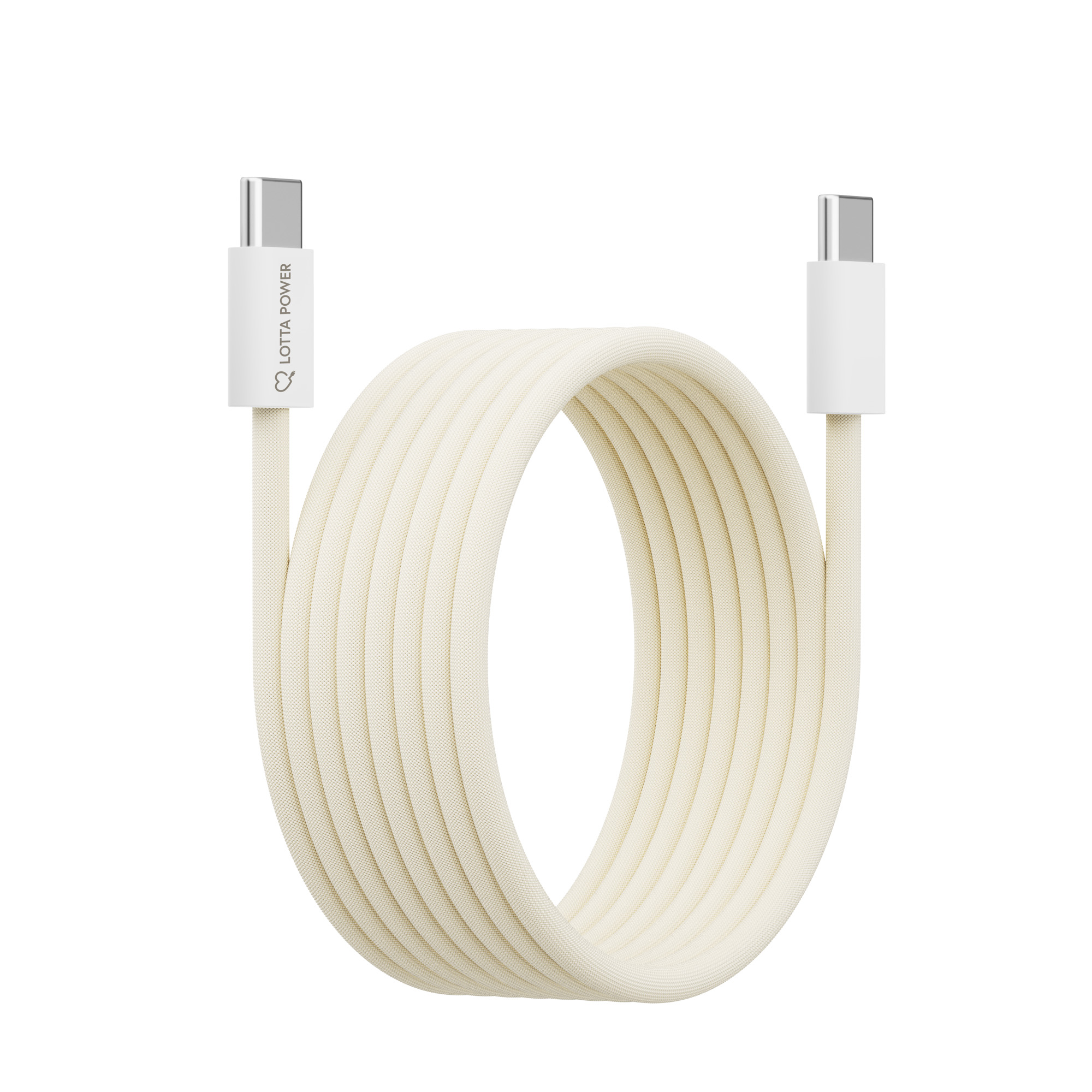 Ein aufgerolltes, biegsames USB-C Ladekabel mit silbernen Anschlüssen auf weißem Grund.