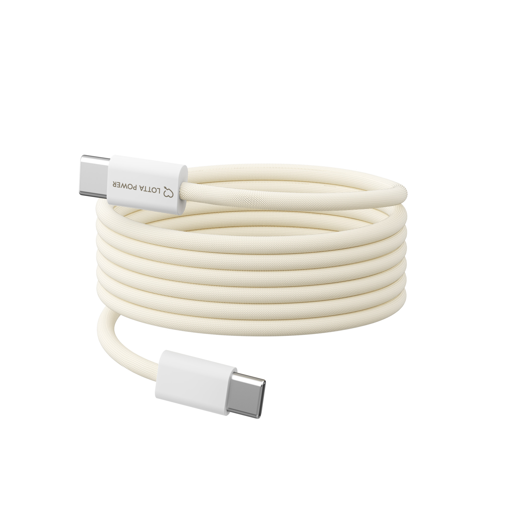 Ein ordentlich aufgerolltes, beige-farbenes USB-C-Ladekabel mit weißen Steckern auf einem weißen Hintergrund.