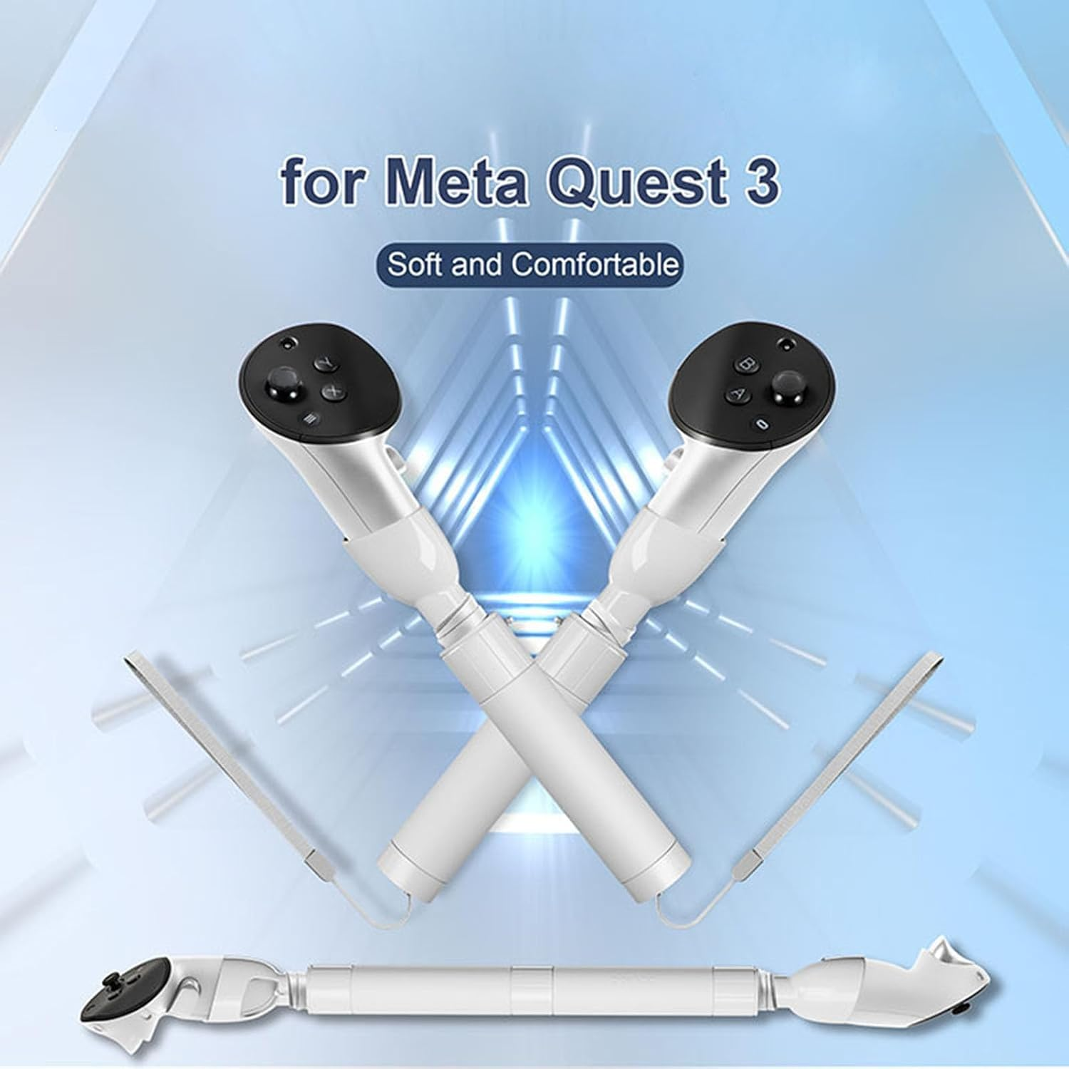 Weisse VR-Controller fur Meta Quest 3 gekreuzt vor hellem Hintergrund.