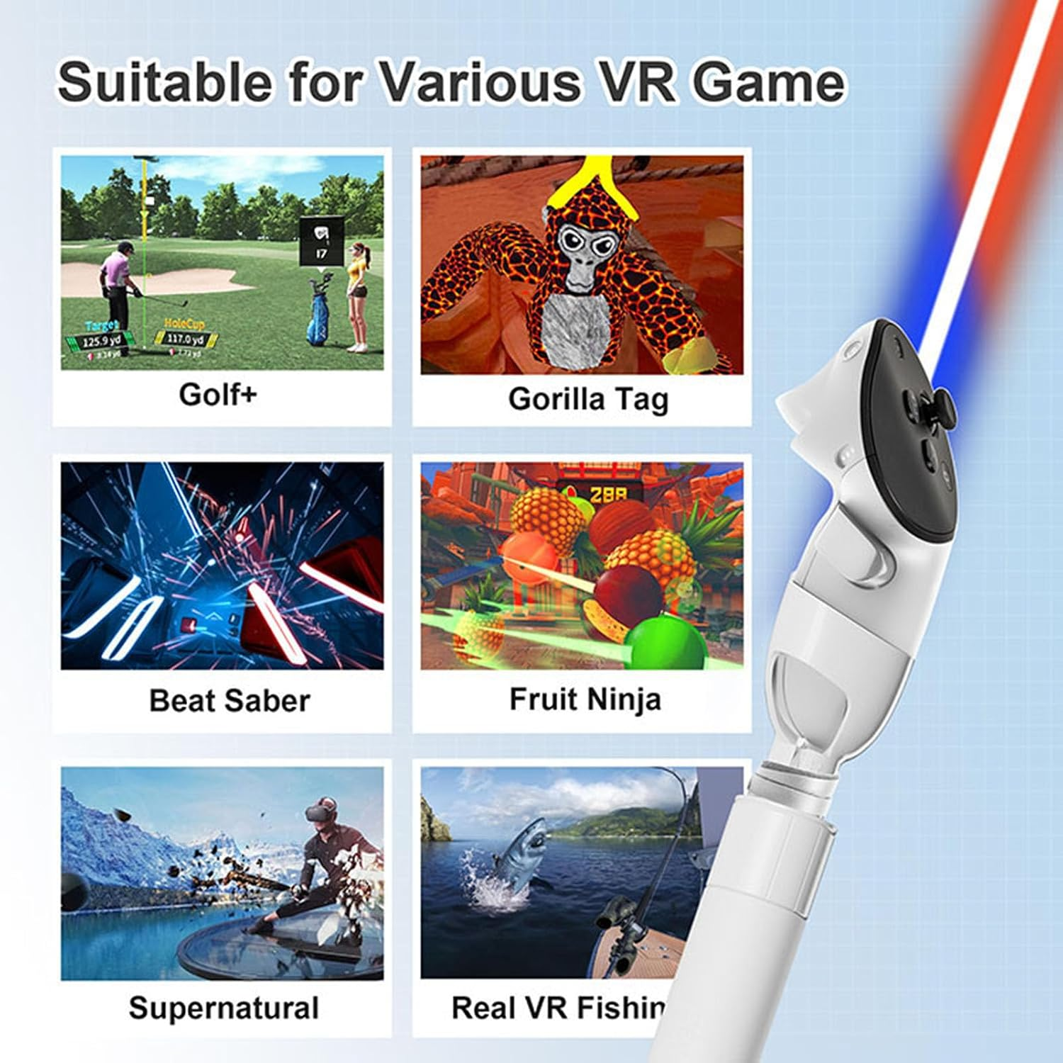 Ein weißer VR-Controller-Griff mit verschiedenen VR-Spielen wie Golf, Beat Saber und Fruit Ninja.