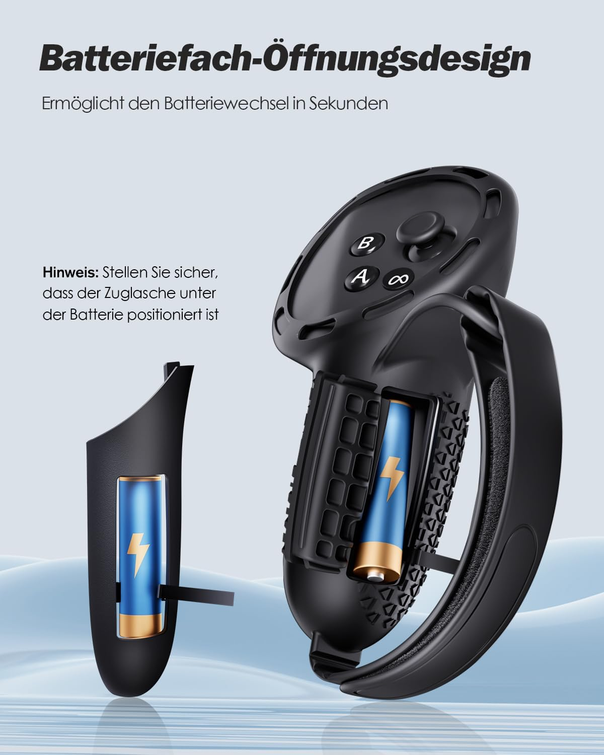 Schwarzer VR-Controller mit offenem Batteriefach und blauer Batterie, dazu deutscher Text.