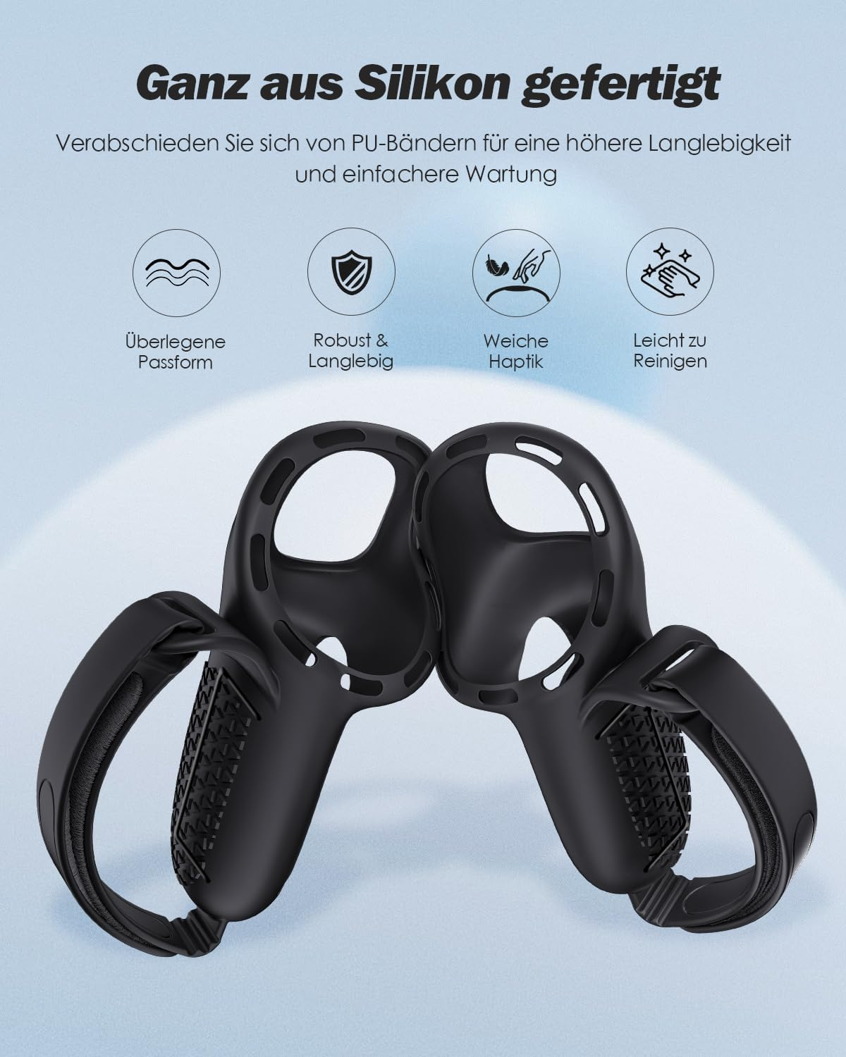 Zwei schwarze Silikon-Controller-Hüllen mit integrierten Handriemen vor einem blauen Hintergrund mit Text.