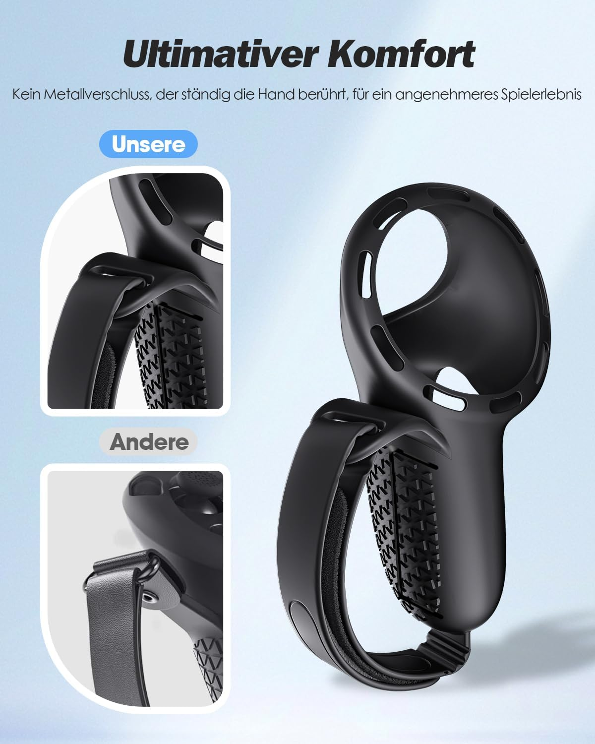 Vergleich von VR-Controller-Griffen, zeigt ein Design ohne Metallverschluss für mehr Komfort.