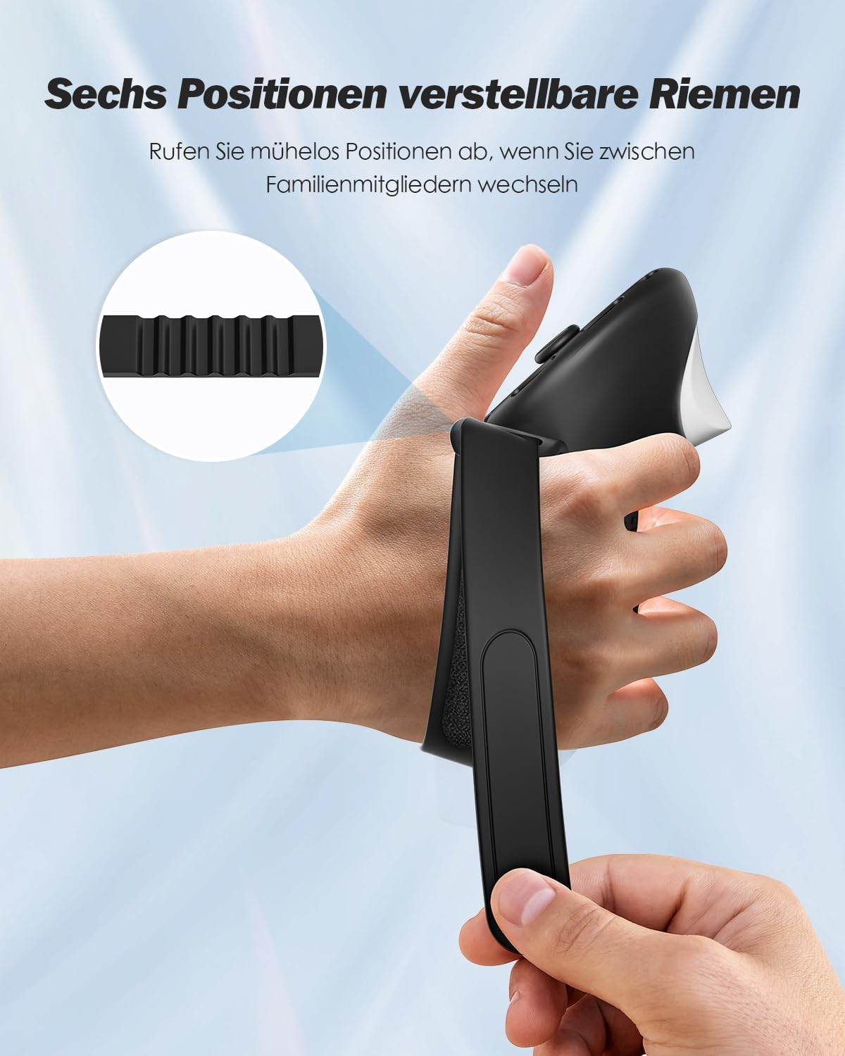 Hand hält einen VR-Controller mit verstellbarem schwarzen Riemen. Text oben beschreibt sechs Positionen.