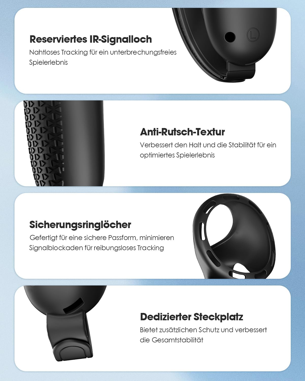 Vier Produktbilder von VR-Controller-Zubehör mit deutscher Beschriftung zu IR-Signalloch, Textur und Steckplatz.