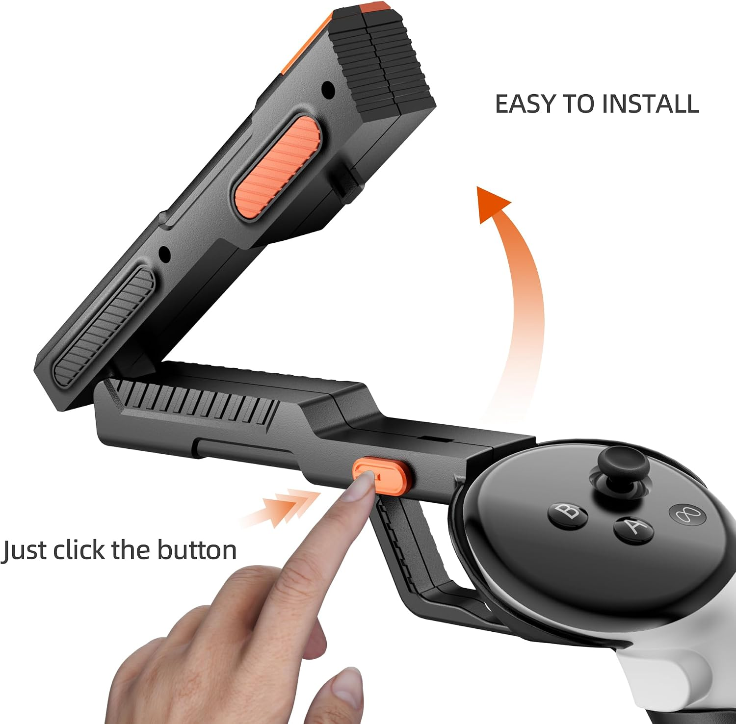 Finger drückt orangen Knopf am schwarzen VR-Controller-Aufsatz, Text: Einfach zu installieren.