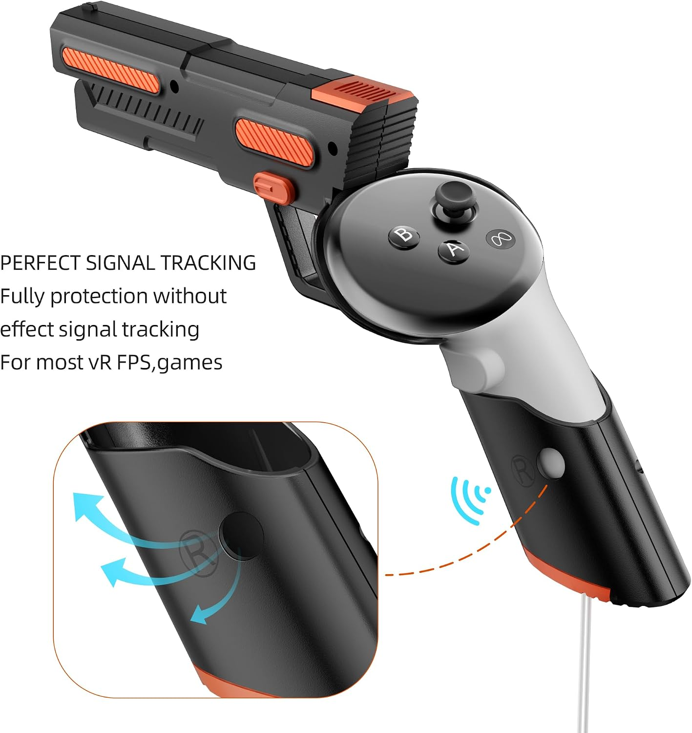 Schwarzer und orangener VR-Gewehrcontroller mit integriertem Joystick und Tasten auf weißem Hintergrund.