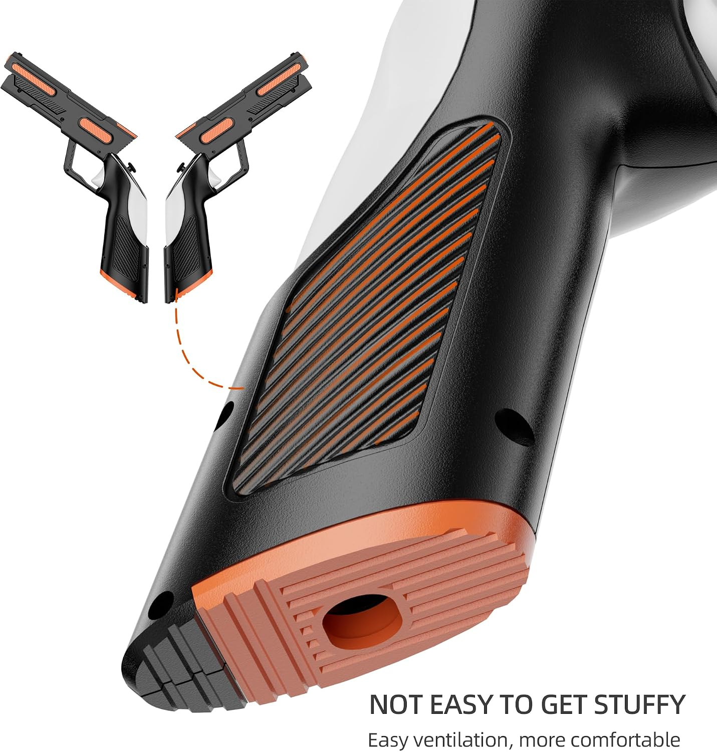 Nahaufnahme eines schwarzen und orangen Pistolen Griffs mit geripptem Design.