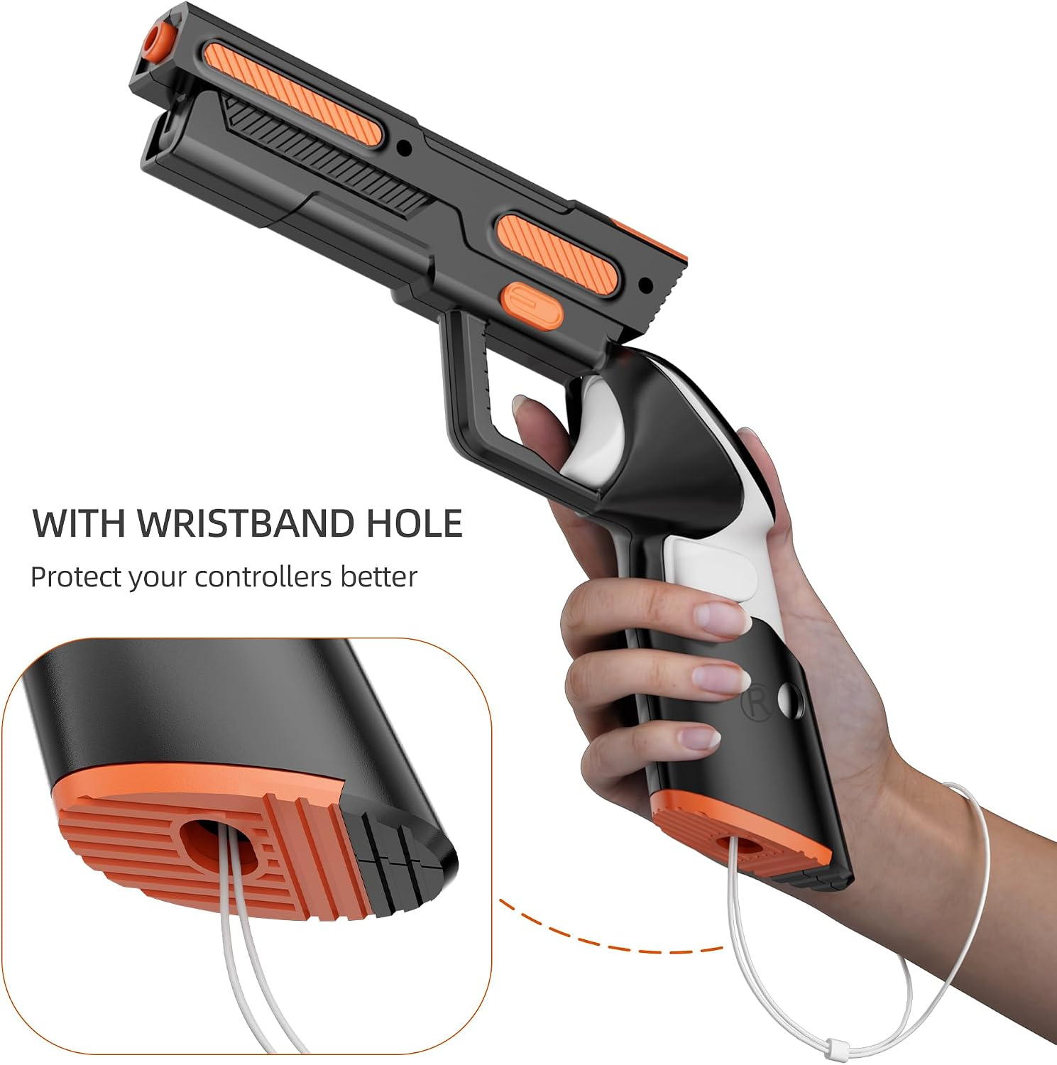 Hand hält einen schwarzen und orangefarbenen VR-Controller im Pistolenstil mit einer Handschlaufe.