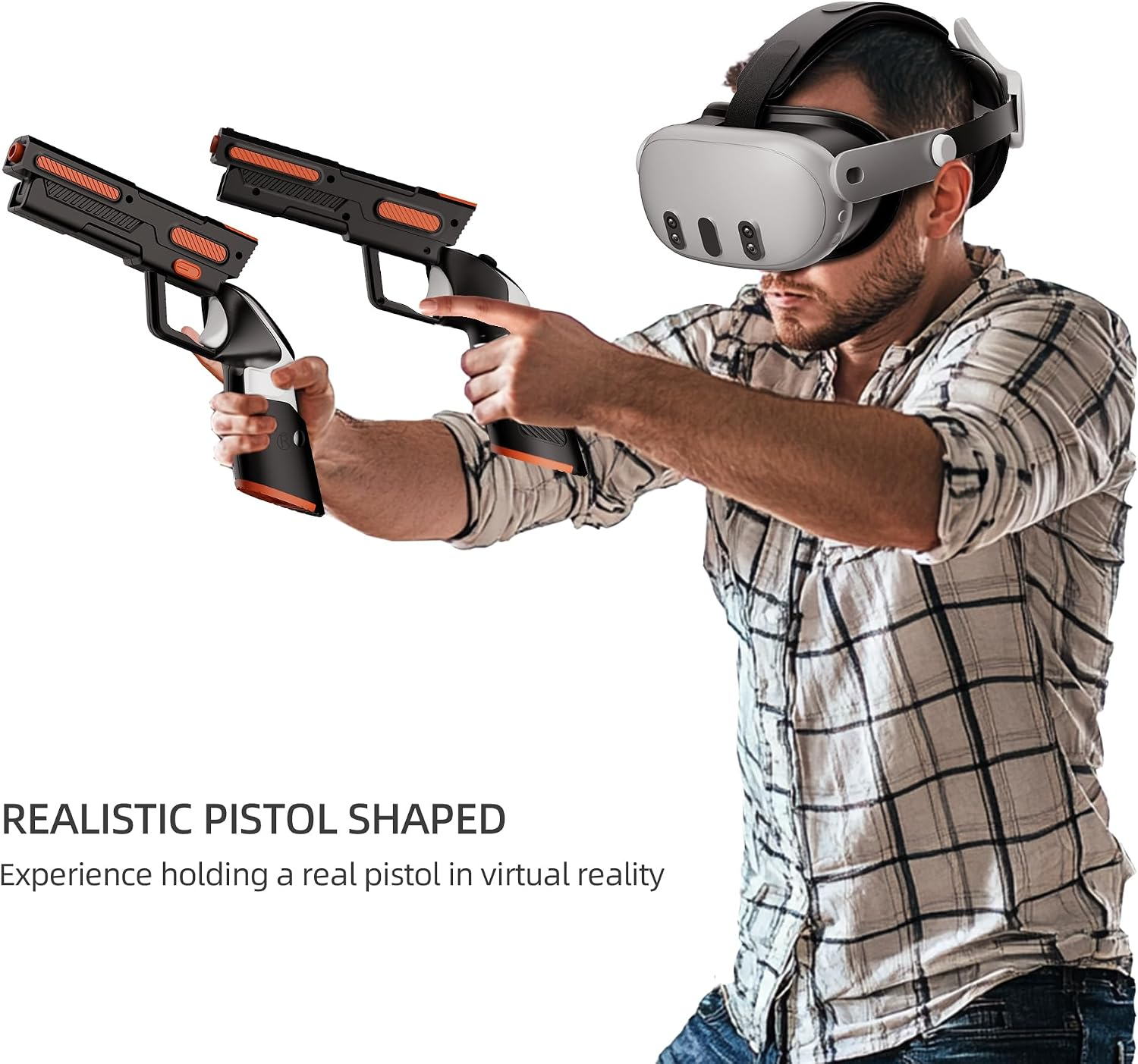 Ein Mann trägt ein VR-Headset und hält zwei pistolenförmige Controller.