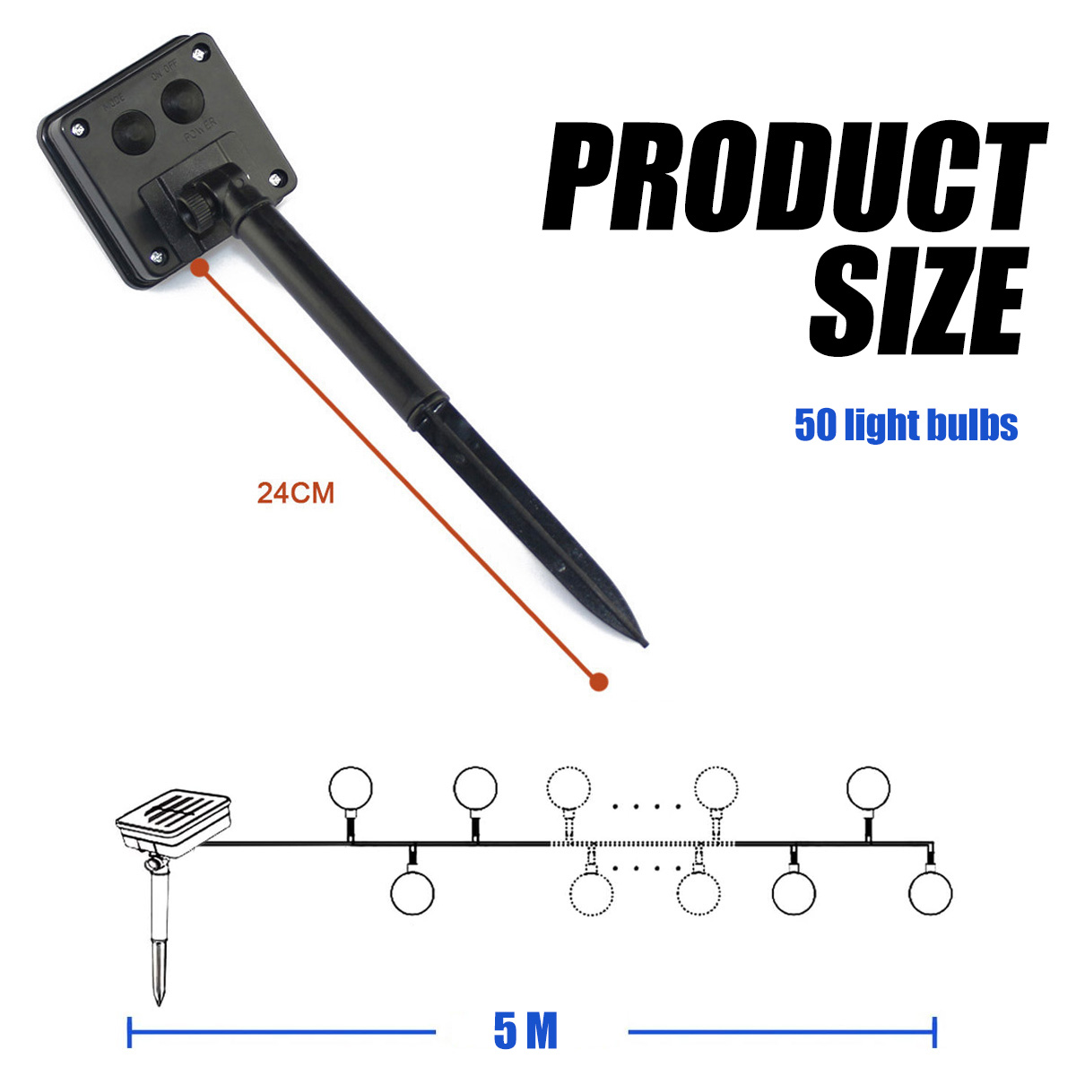 Produktgröße zeigt ein 5M solarbetriebenes Lichterketten-Diagramm mit einem 24cm Erdspieß.