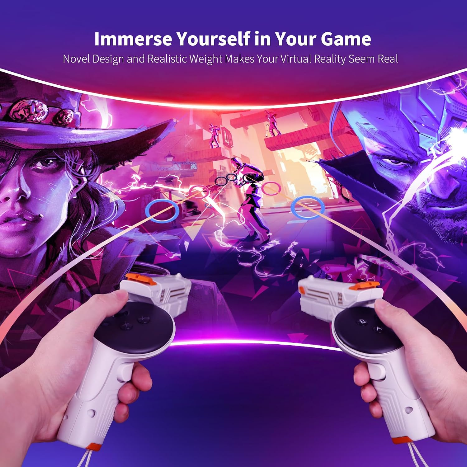 Hände halten weiße VR-Controller vor einer farbenfrohen, futuristischen Spielszene mit Charakteren.