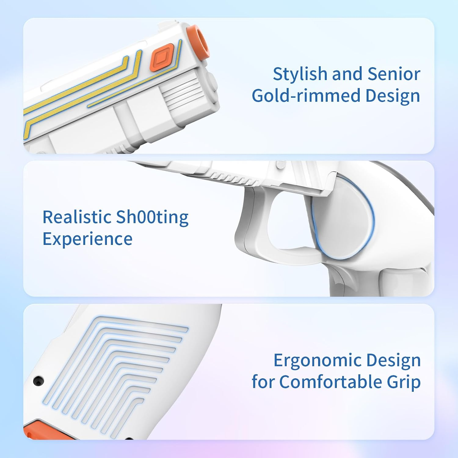 Drei Felder zeigen Merkmale einer weißen Spielzeugpistole: stilvolles Design, realistisches Schießgefühl und ergonomischer Griff.