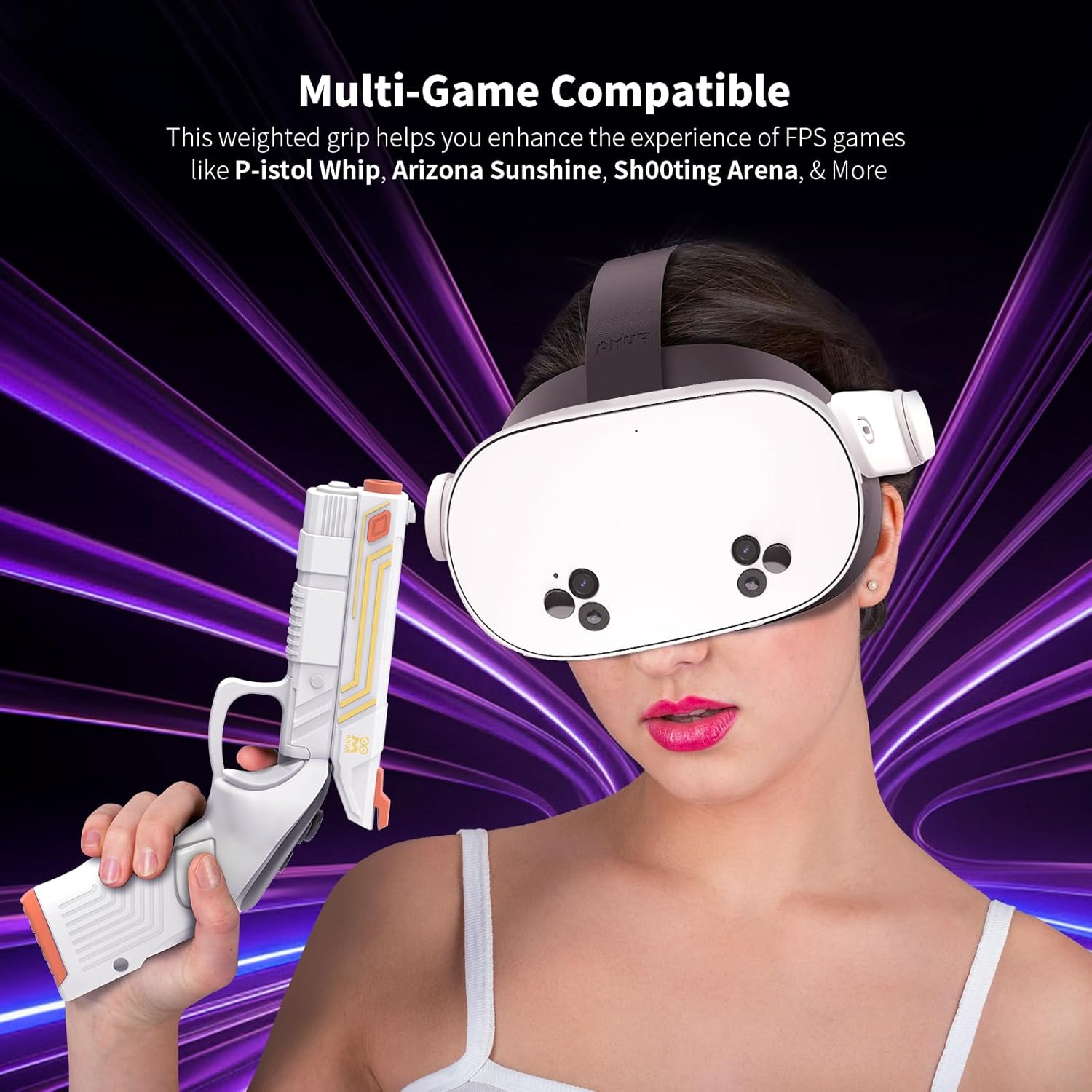 Frau mit VR-Headset und weißer Pistole vor violettem Hintergrund.