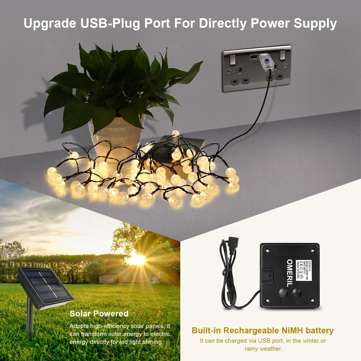 Solar- und USB-betriebene Lichterkette mit warmen Kugeln und grüner Pflanze auf weißem Tisch.