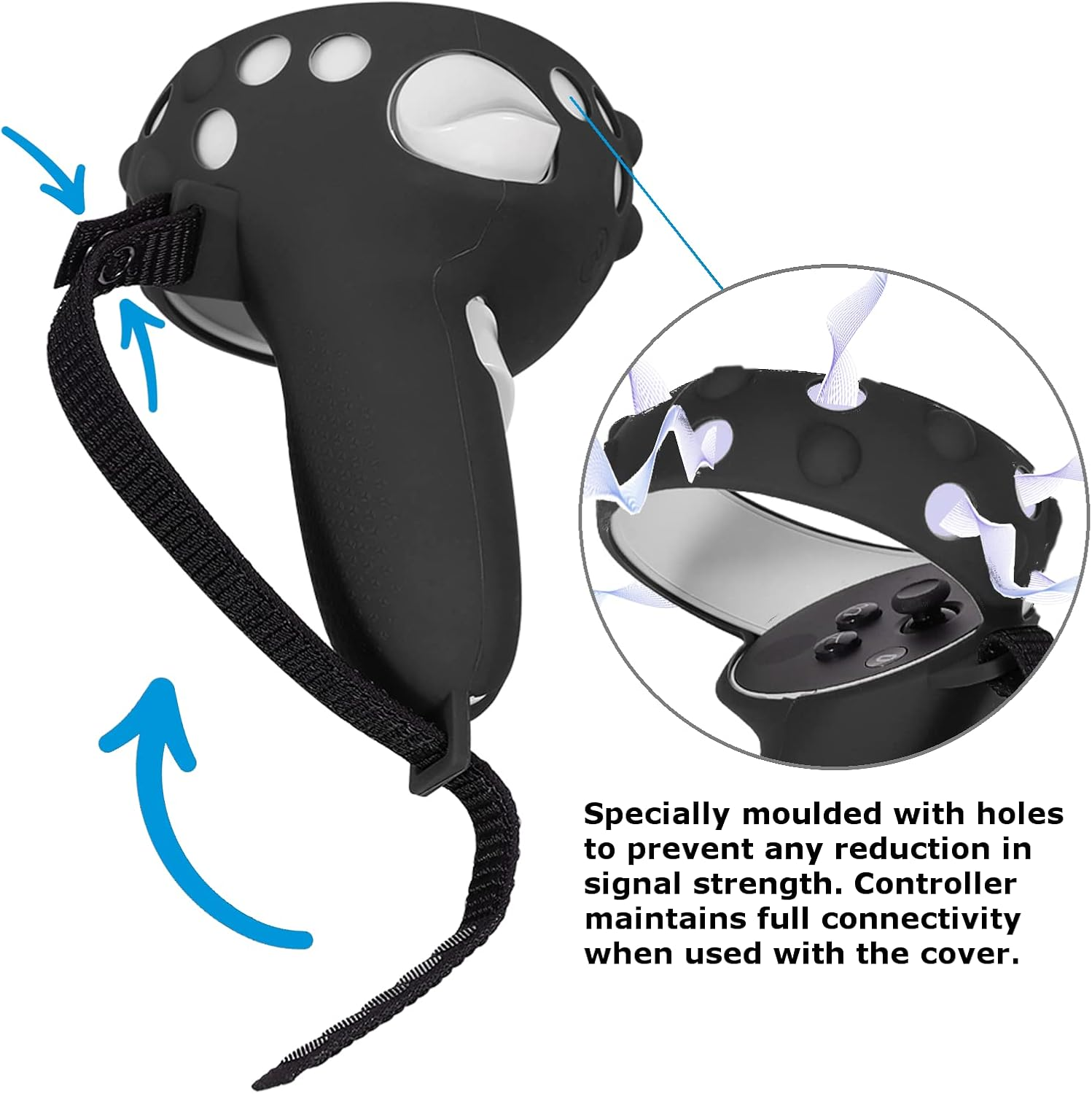 Schwarze VR-Controller-Silikonhülle mit Aussparungen für Signalstärke und verstellbarem Riemen.