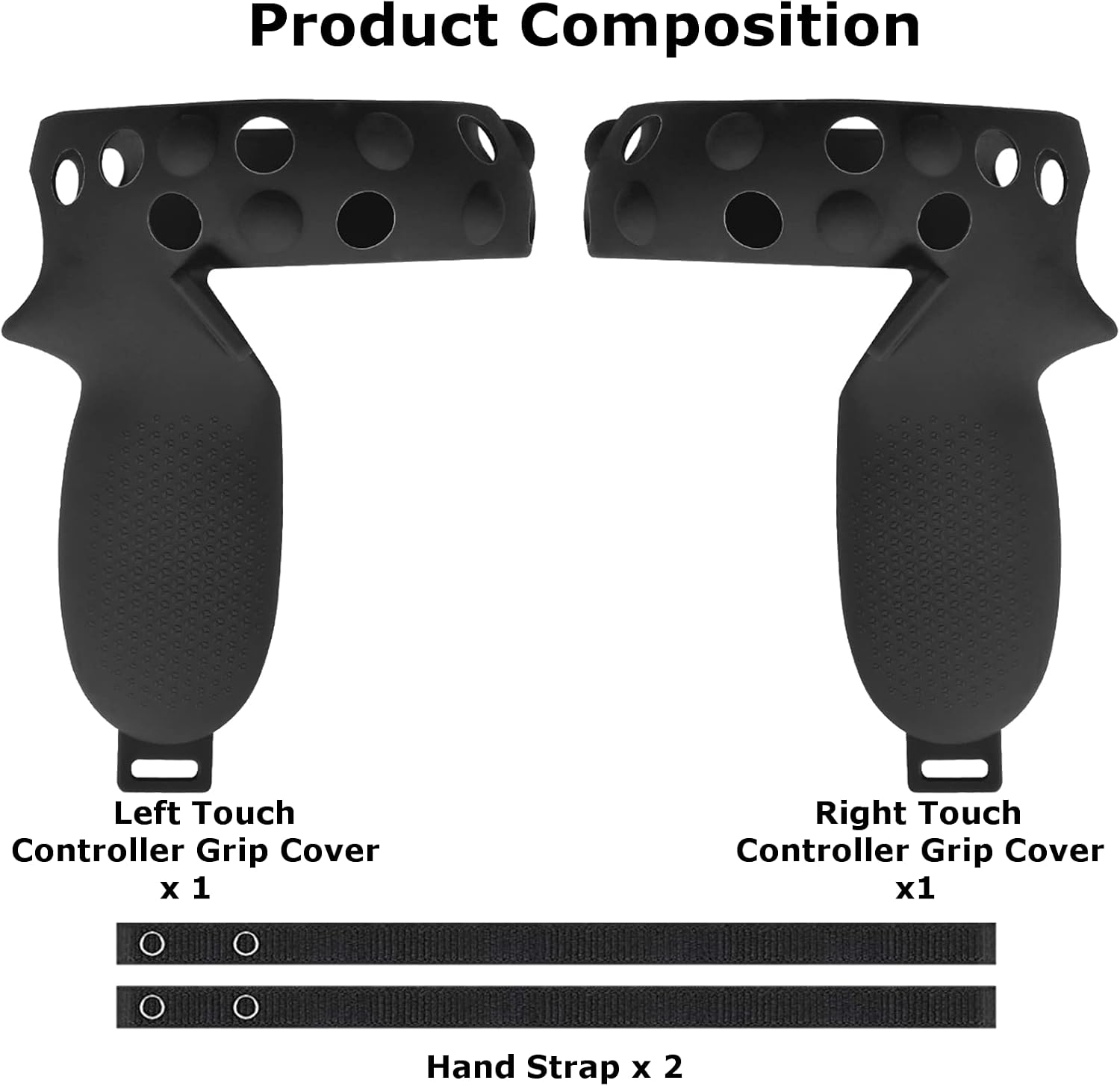 Produktzusammensetzung zeigt linke und rechte VR-Controller-Griffe und zwei Handriemen.