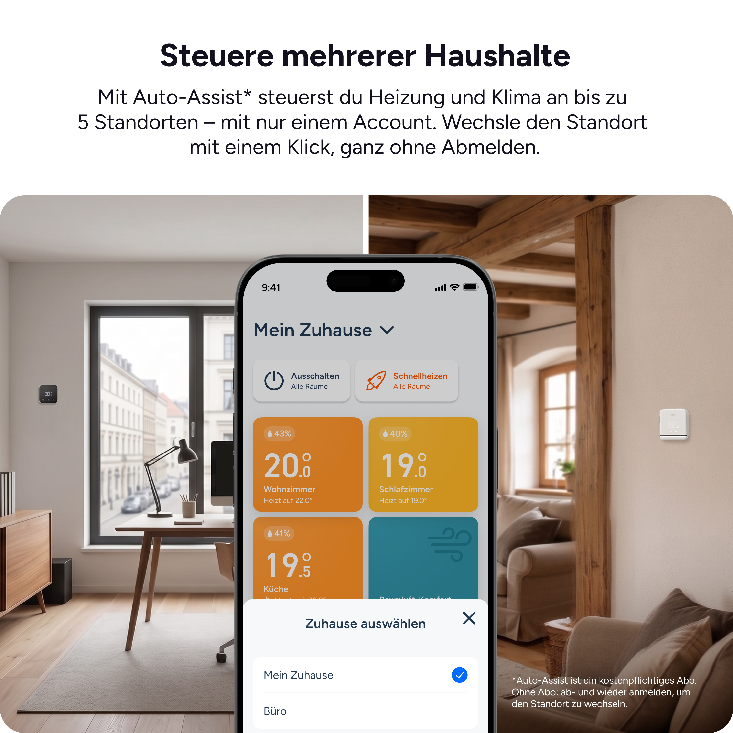 Smartphone affichant une application domotique sur fond flou de deux pièces.