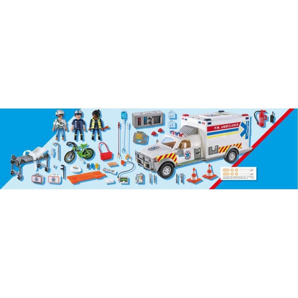 Set de ambulancia Playmobil con figuras, vehículo, bicicleta y accesorios médicos sobre fondo azul.