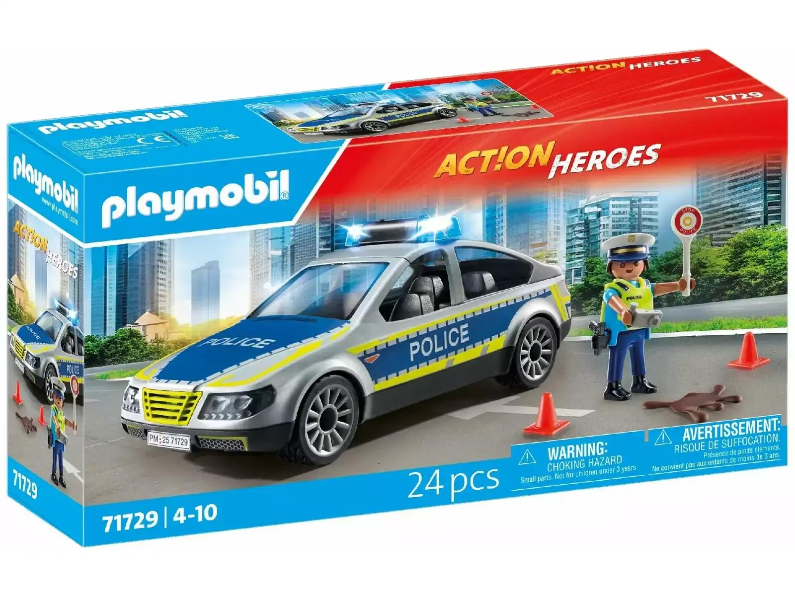 Caja de juguete de coche de policía Playmobil Action Heroes con coche, policía, conos y señal.