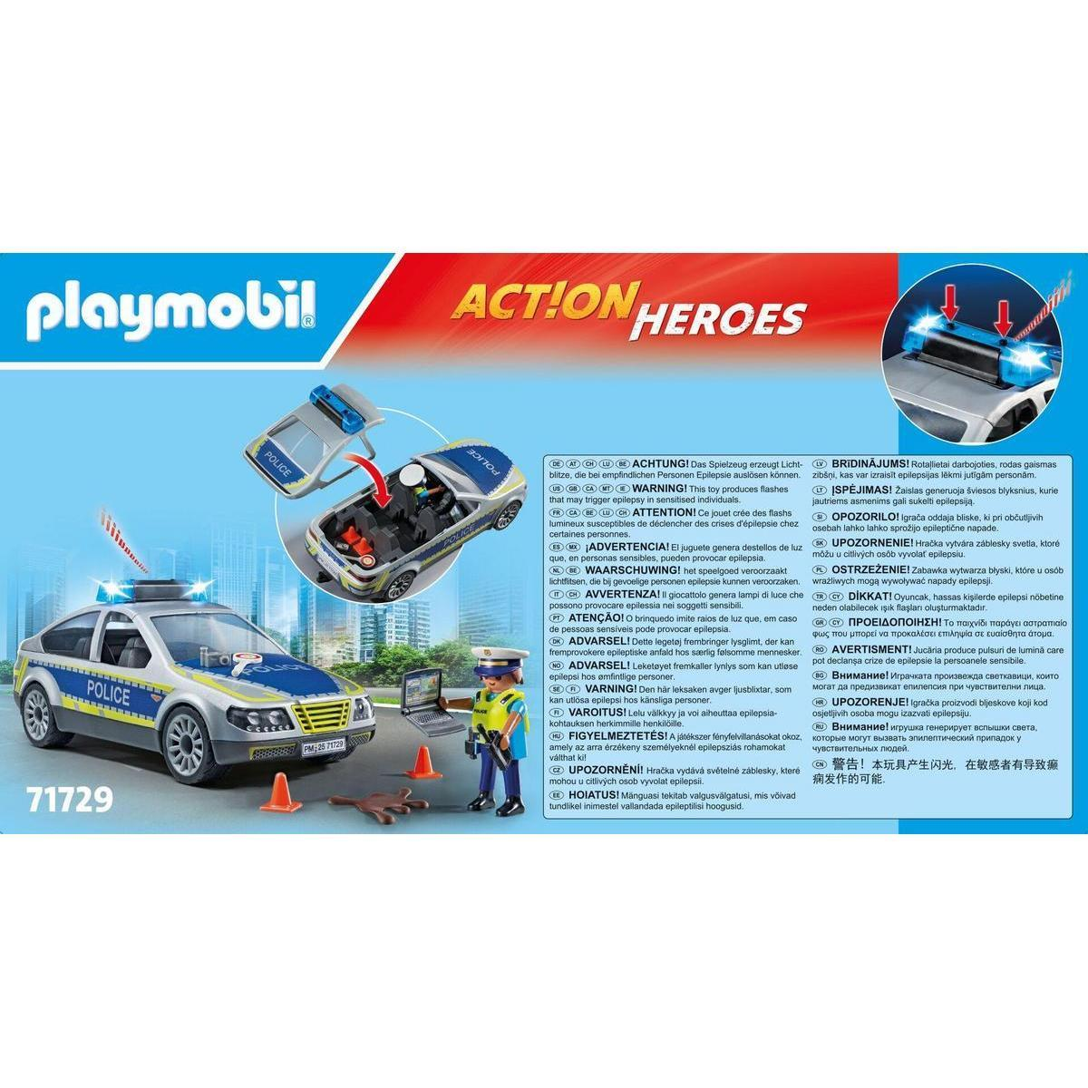 Caja de juguetes Playmobil Action Heroes con un coche de policía, figura de policía y texto de advertencia multilingüe.