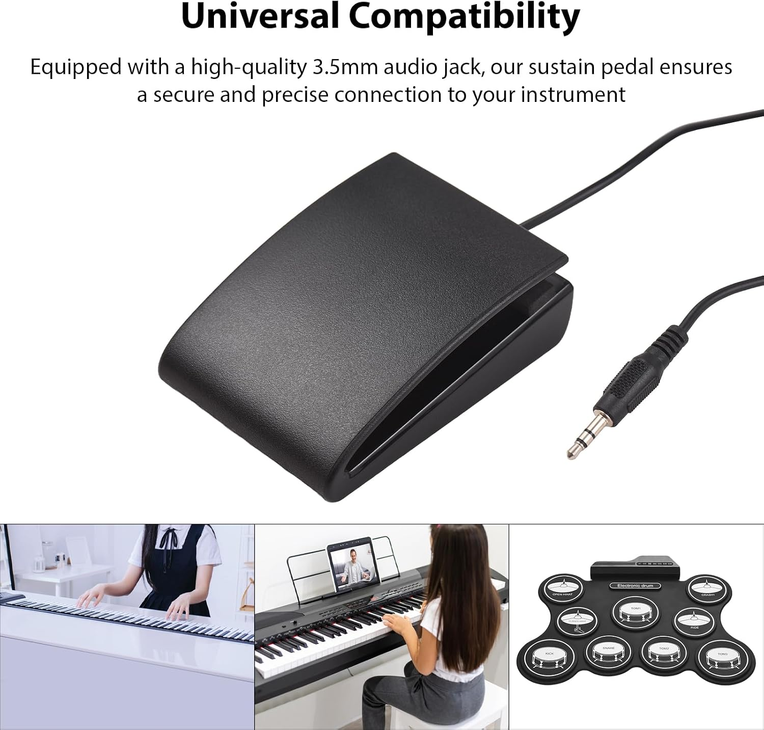 Ein schwarzes Sustain-Pedal mit Kabel und Klinkenstecker für Musikinstrumente.