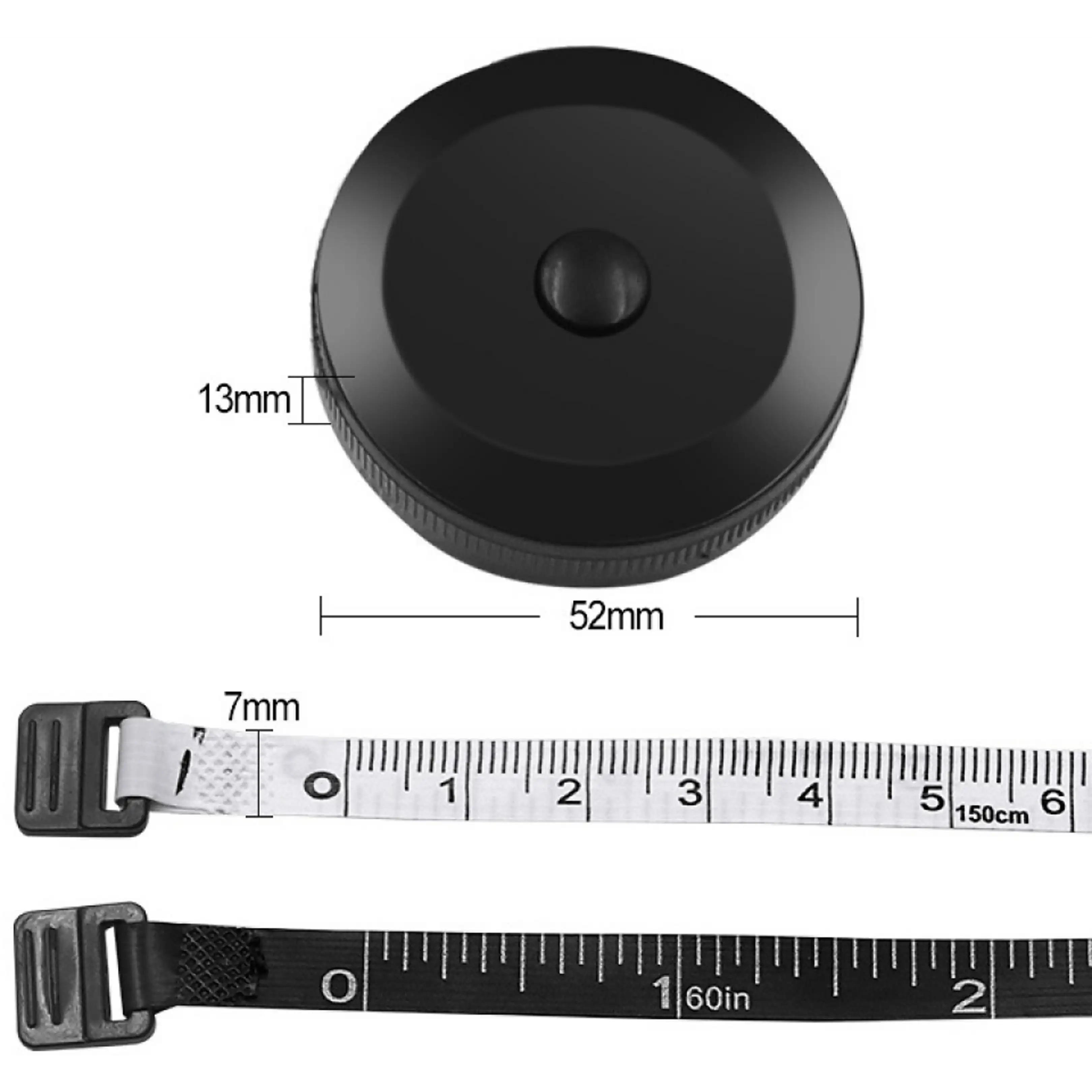 Schwarzes rundes Maßband Gehäuse mit Abmessungen 52mm und 13mm, sowie ausgezogenen Bändern mit Zentimeter- und Zoll-Skala.