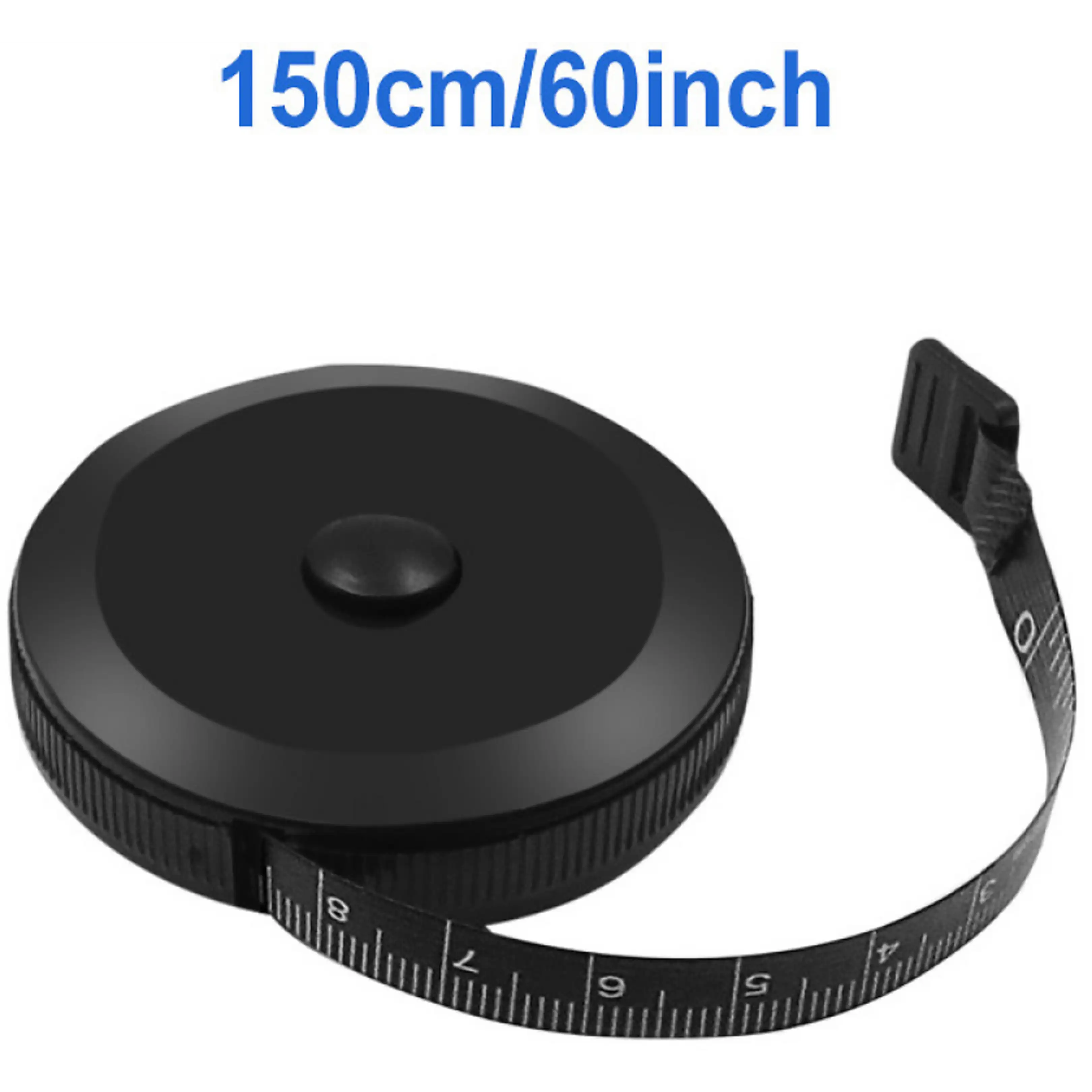 Ein schwarzes Maßband mit einer Länge von 150 cm beziehungsweise 60 Zoll vor weißem Hintergrund.