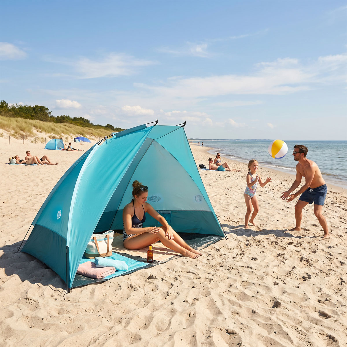 Kobieta siedzi w niebieskim namiocie plażowym, a mężczyzna z dzieckiem grają w piłkę na plaży.