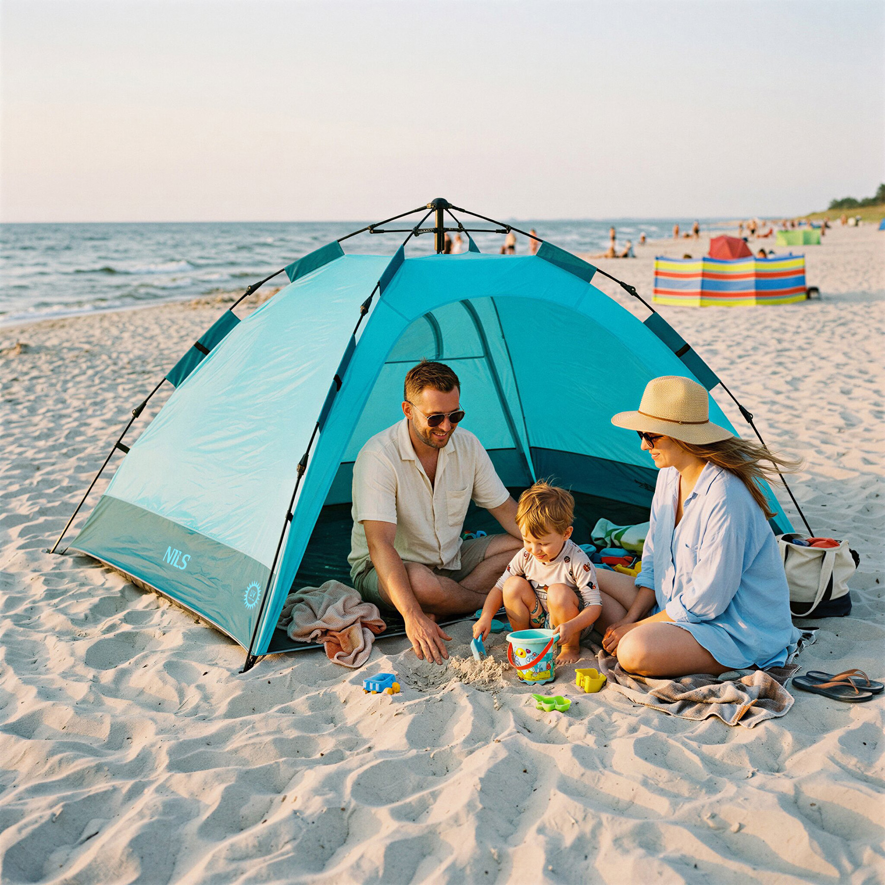 Trzyosobowa rodzina bawi się piaskiem w niebieskim namiocie plażowym nad morzem.