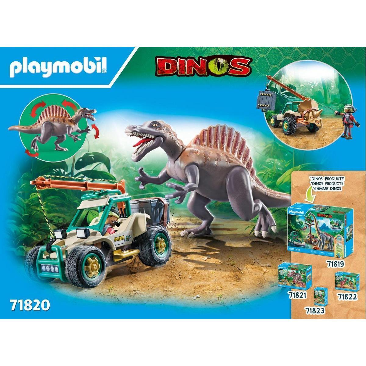 Set de juguetes Playmobil Dinos con un gran Spinosaurus, un vehículo safari y accesorios en la selva.