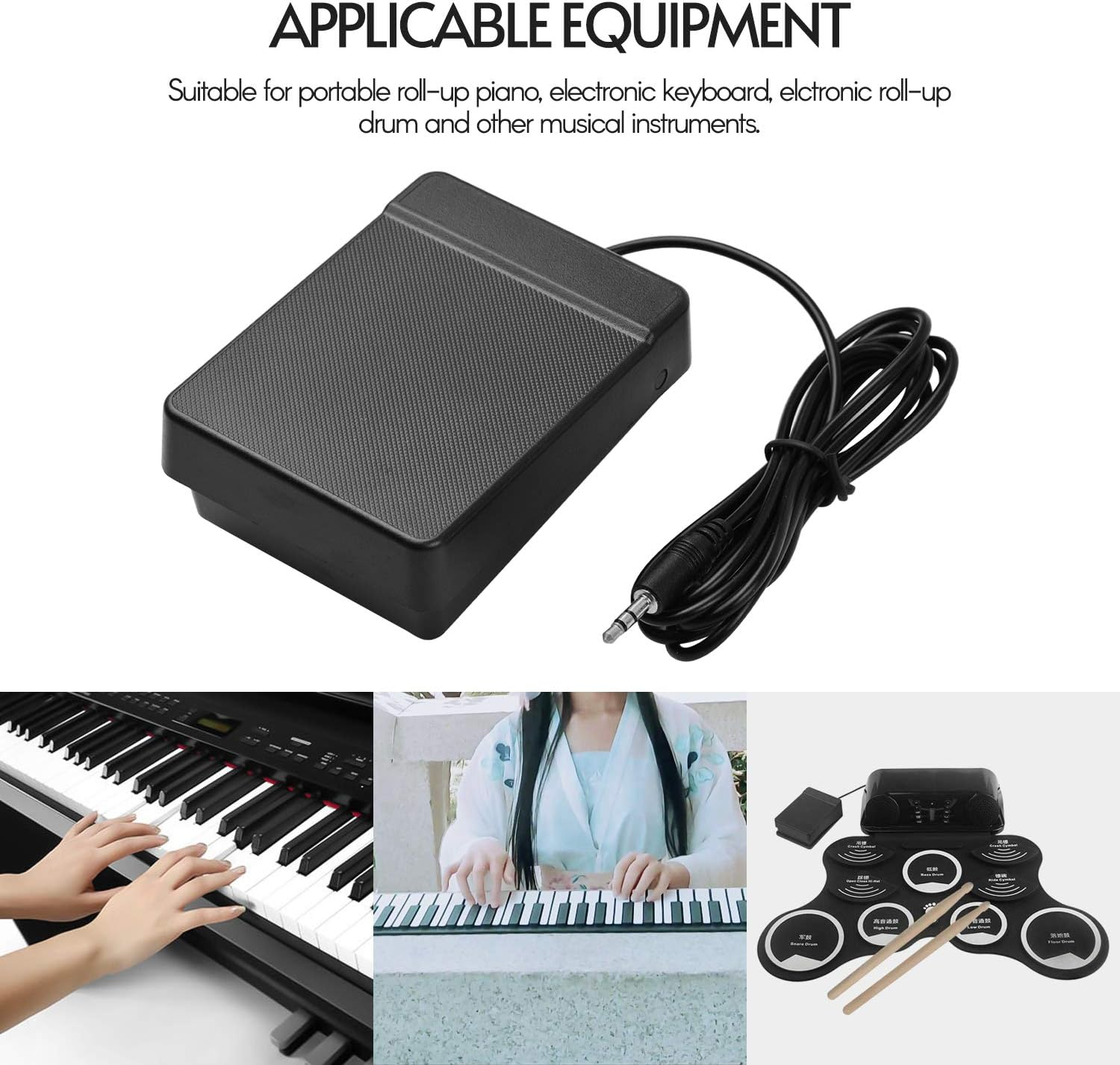 Ein schwarzes Sustain-Pedal mit Kabel, kompatibel mit Pianos, Keyboards und E-Drums.