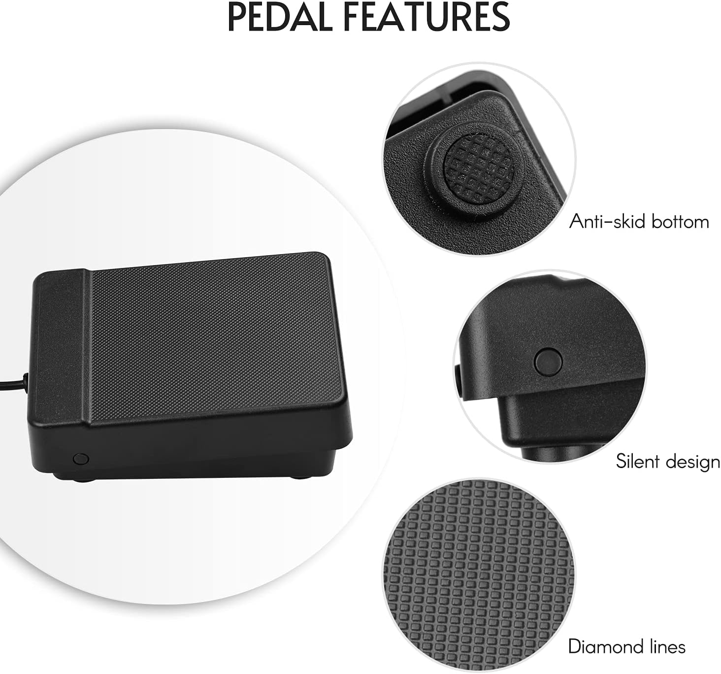 Diagramm zeigt Pedalmerkmale mit Anti-Rutsch-Boden, leiserem Design und Diamantlinien.