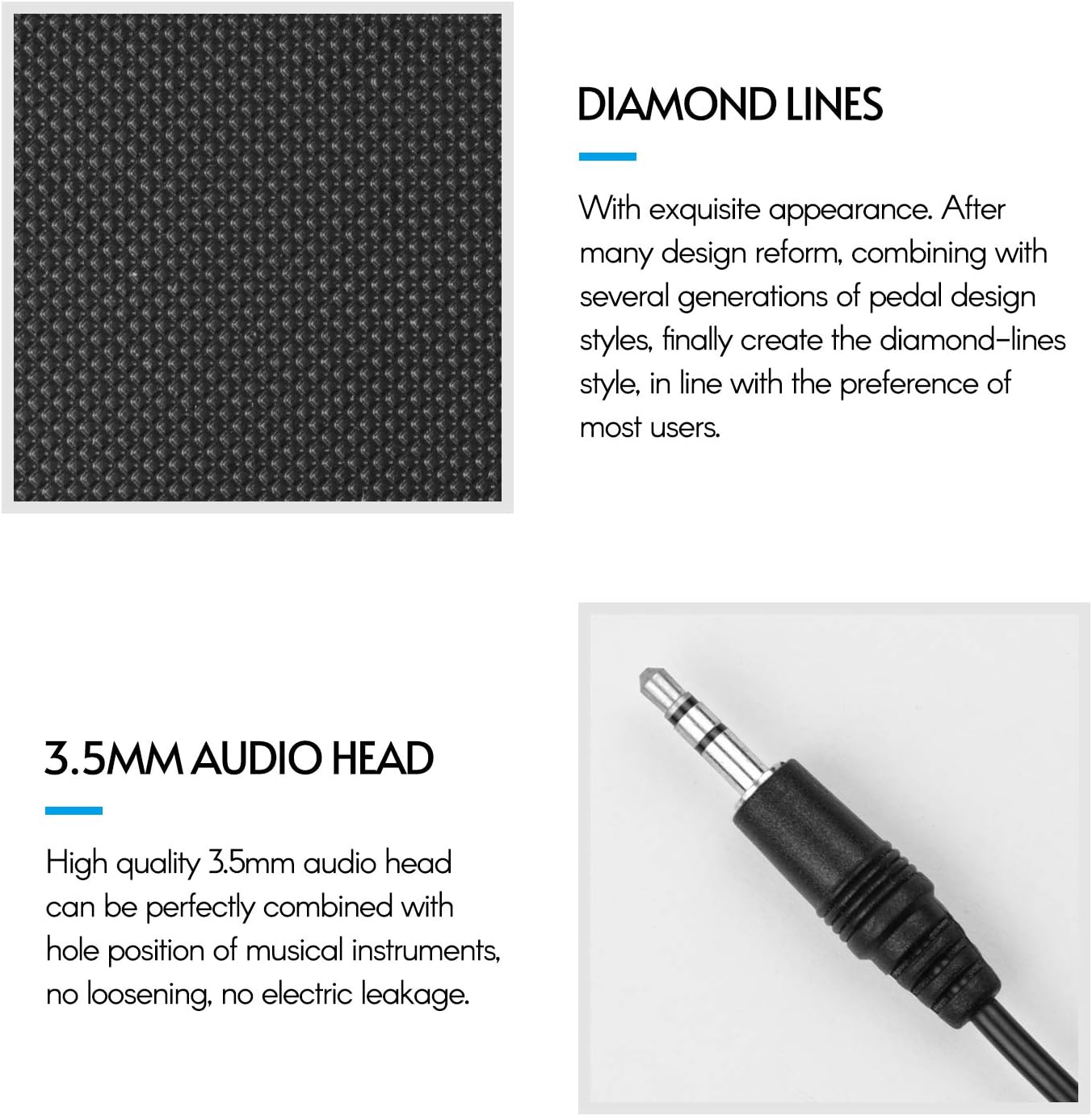 Produktmerkmale zeigen eine strukturierte schwarze Matte und einen 3,5-mm-Klinkenstecker.