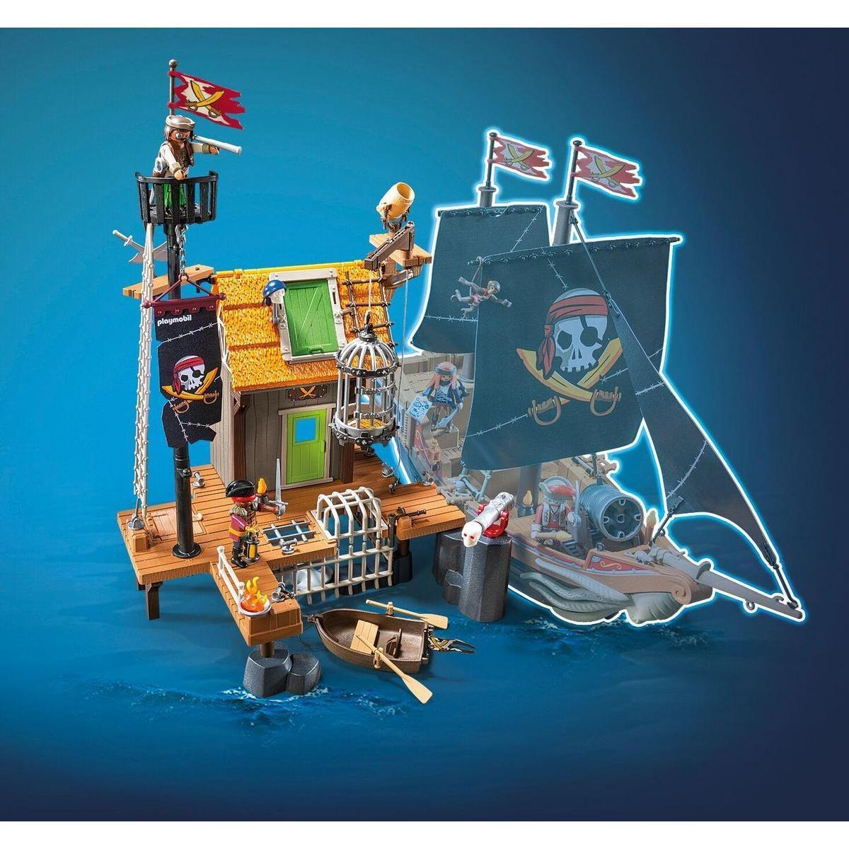 Ensemble de jeu de pirates Playmobil avec un avant-poste en bois sur pilotis et un navire fantôme.