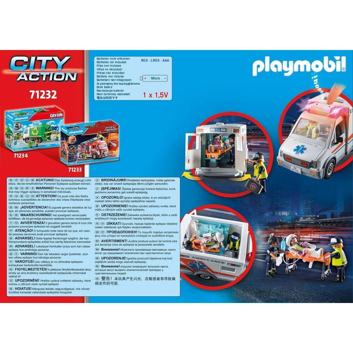 Embalaje del set Playmobil City Action 71232 con ambulancia, figuras y advertencias.