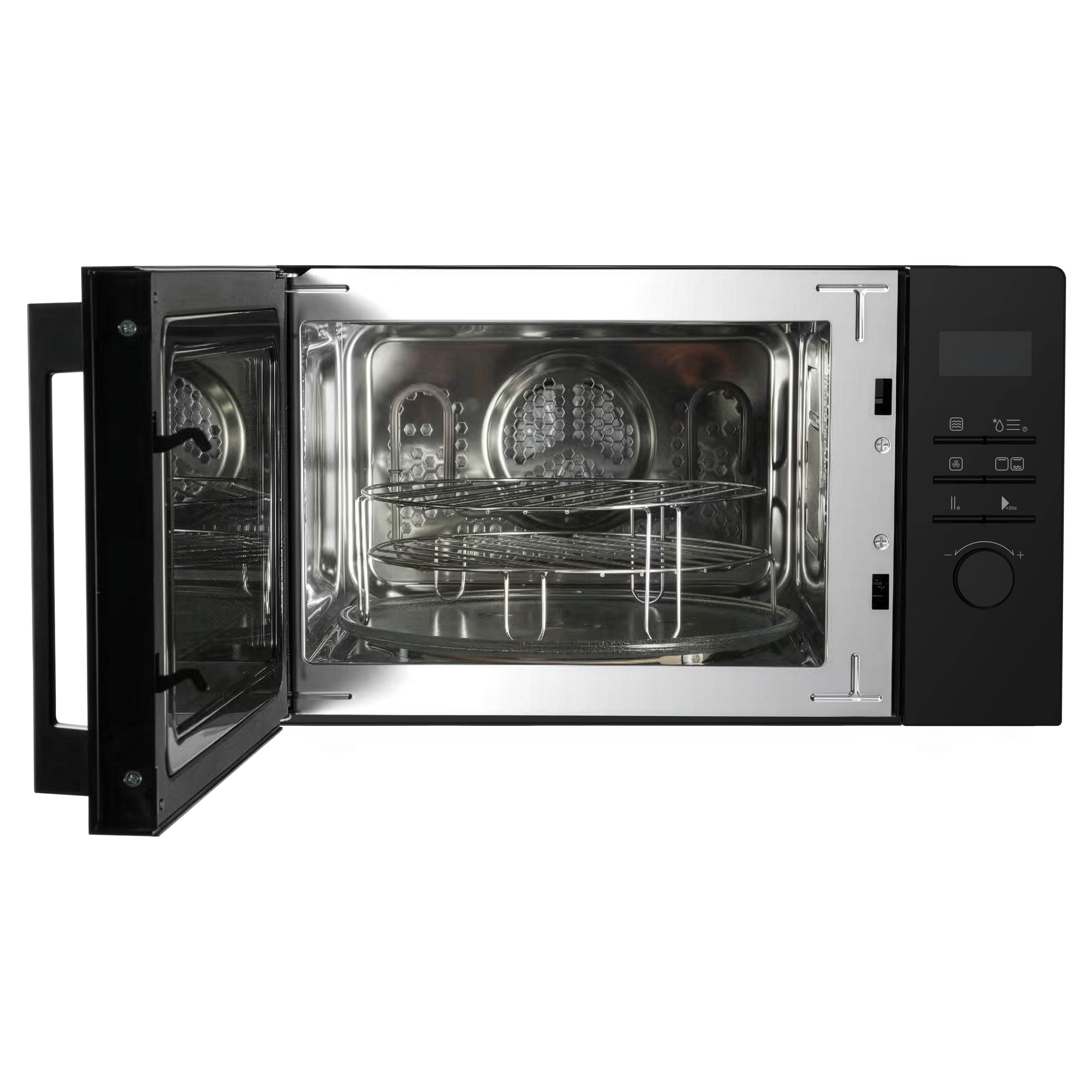 Four à micro-ondes noir ouvert avec intérieur en inox et grille métallique.