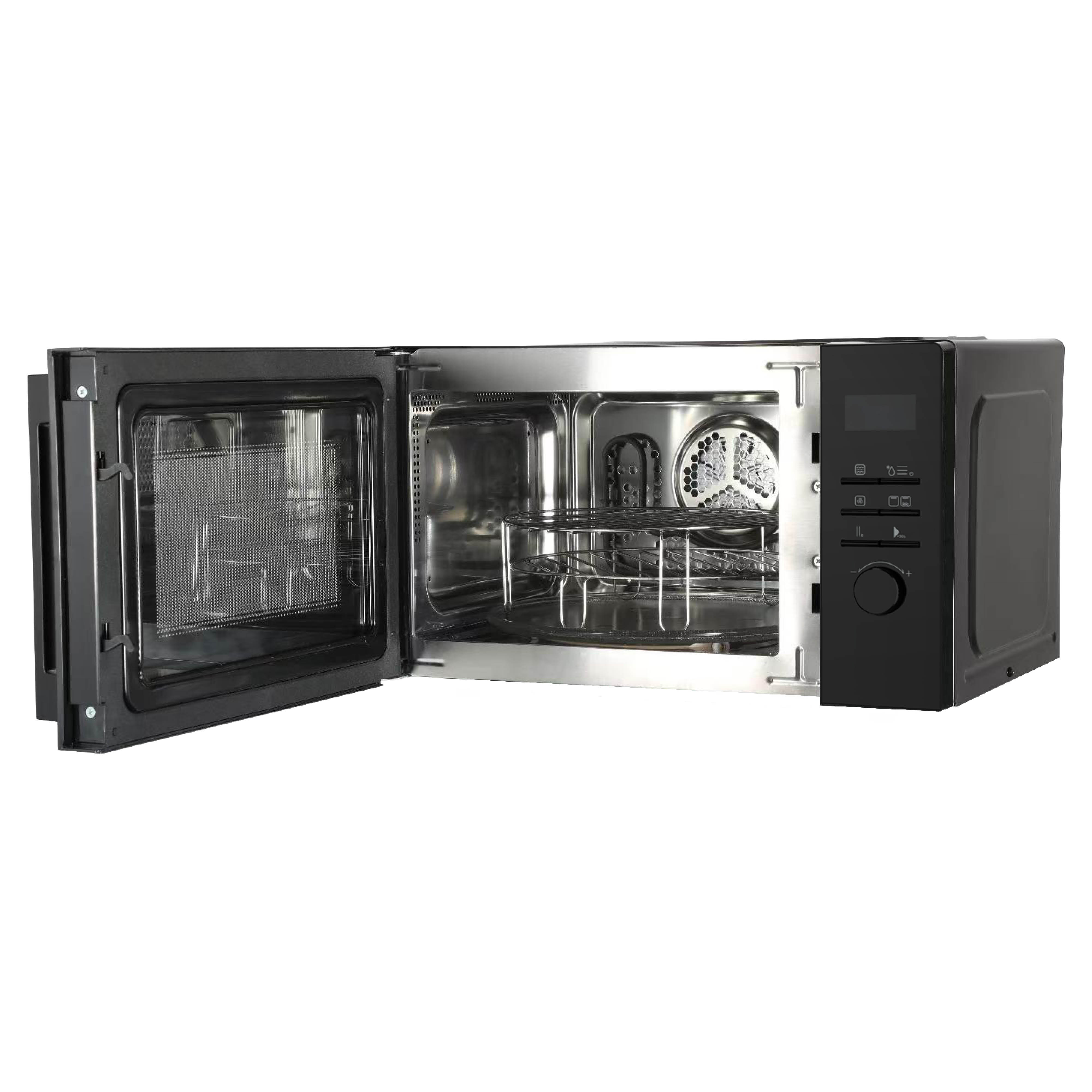 Un micro-ondes noir avec la porte ouverte, montrant un intérieur en métal, une grille et un panneau à droite.