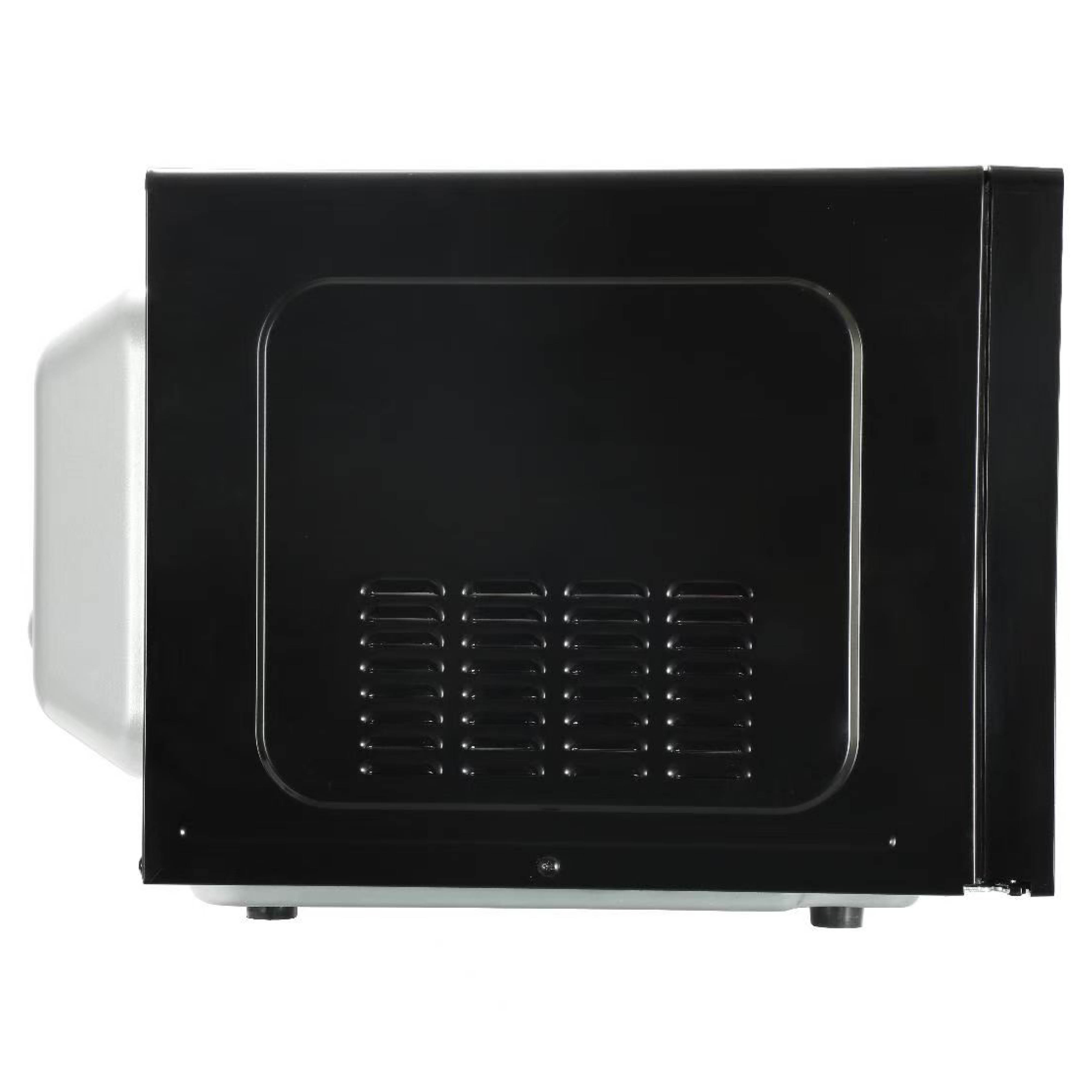 Vue latérale d'un micro-ondes noir avec des fentes de ventilation.