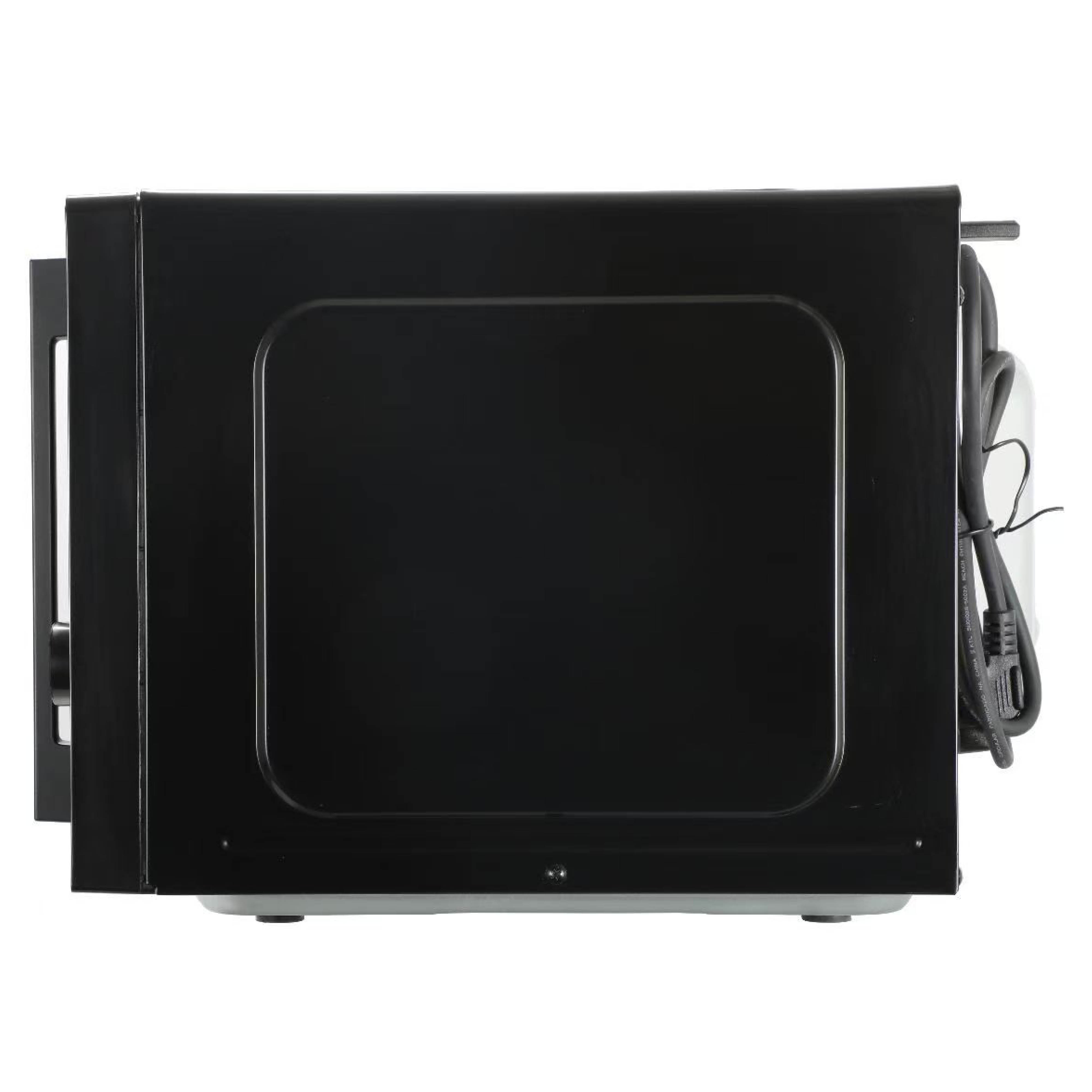 Vue latérale d'un four à micro-ondes noir avec un cordon d'alimentation.