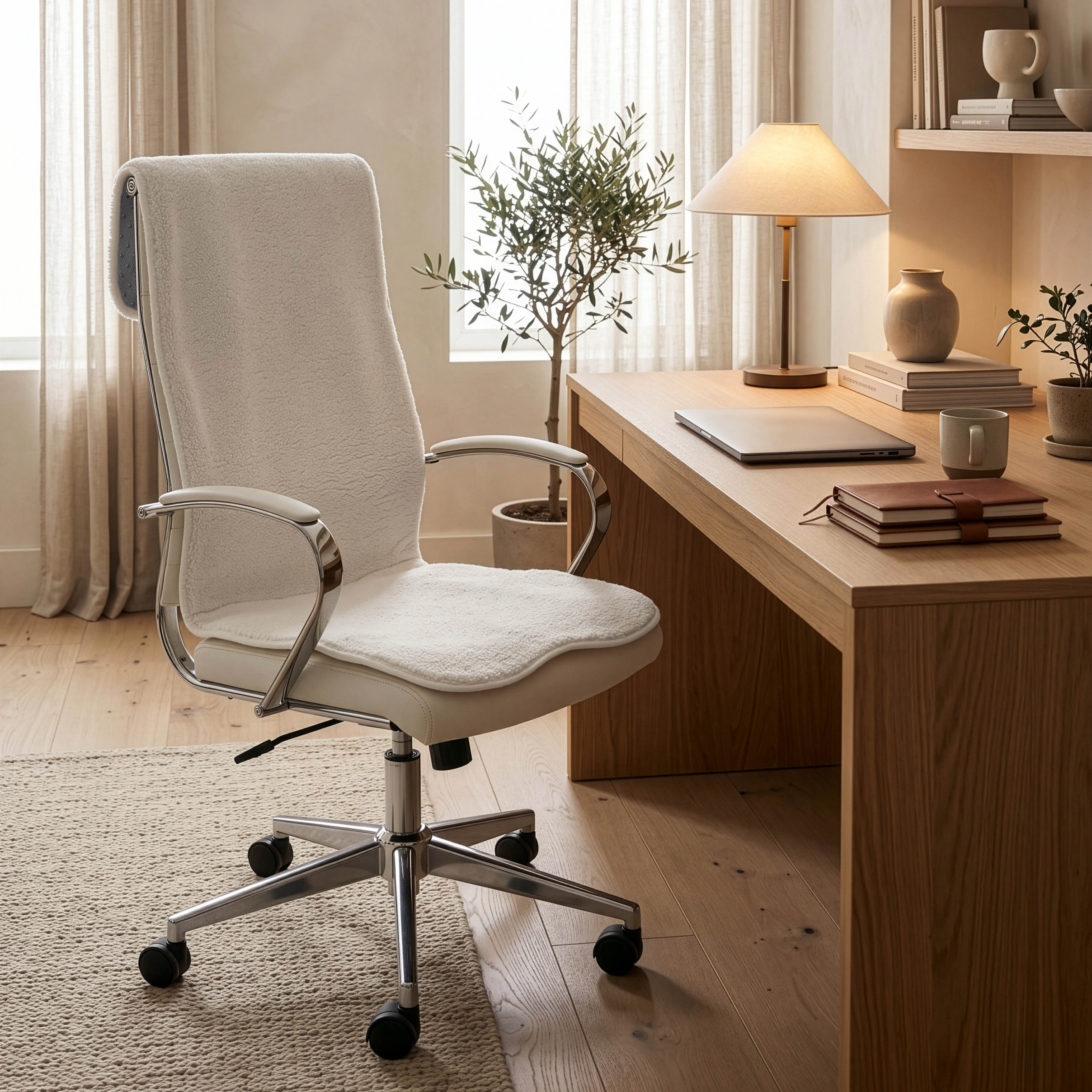 A white furry office chair sits in front of a wooden desk with a laptop and lamp in a bright room.