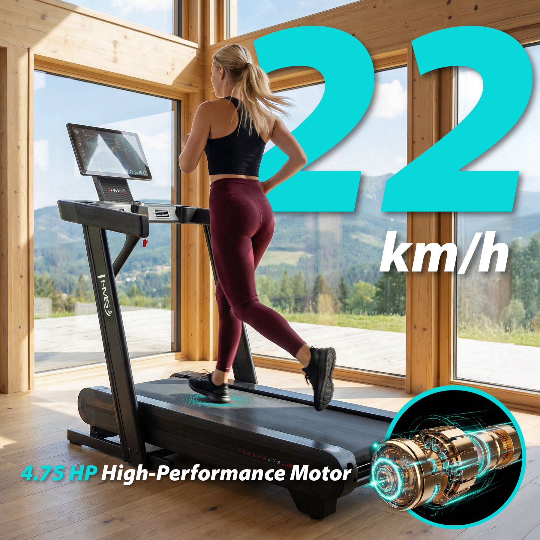 Kobieta biega na bieżni przed dużymi oknami z widokiem na góry, napisy "22 km/h" oraz "4.75 HP High-Performance Motor".