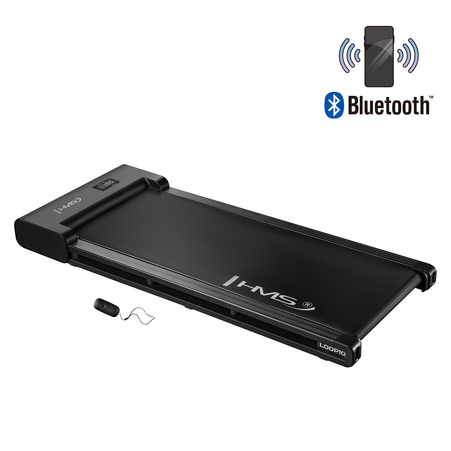 Czarna bieżnia Loop10 z pilotem i ikoną Bluetooth.