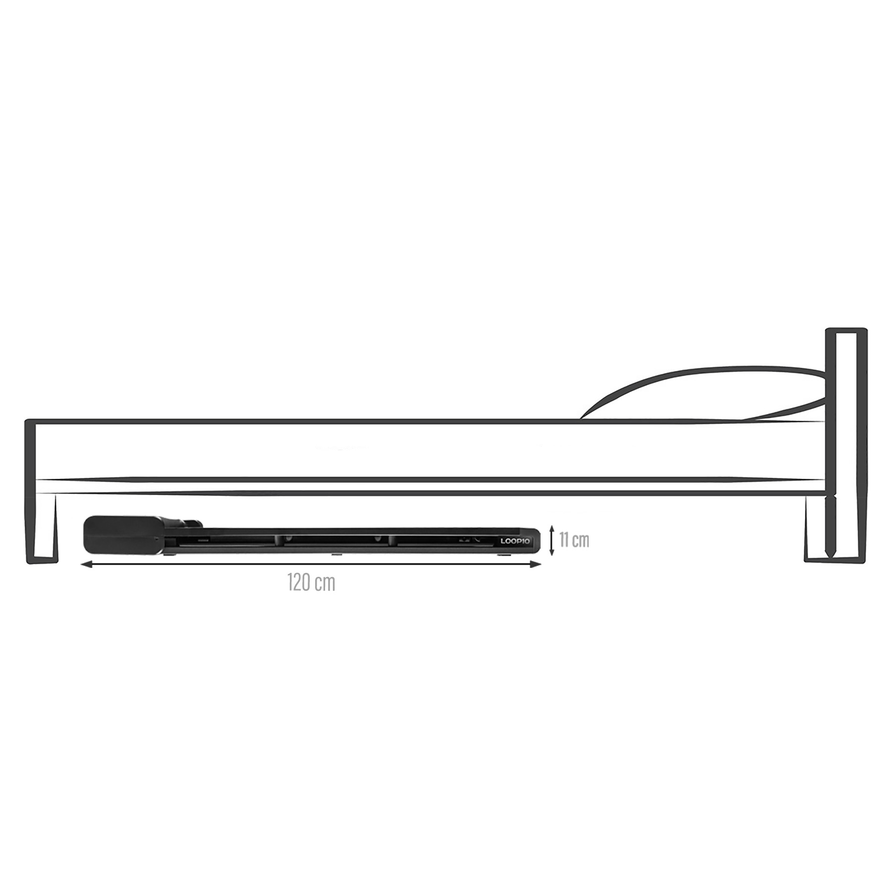 Szkic łóżka, pod którym znajduje się płaska bieżnia o długości 120 cm i wysokości 11 cm.