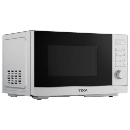 Un microondas plateado con puerta negra, pantalla digital, botones de control y un mando giratorio.