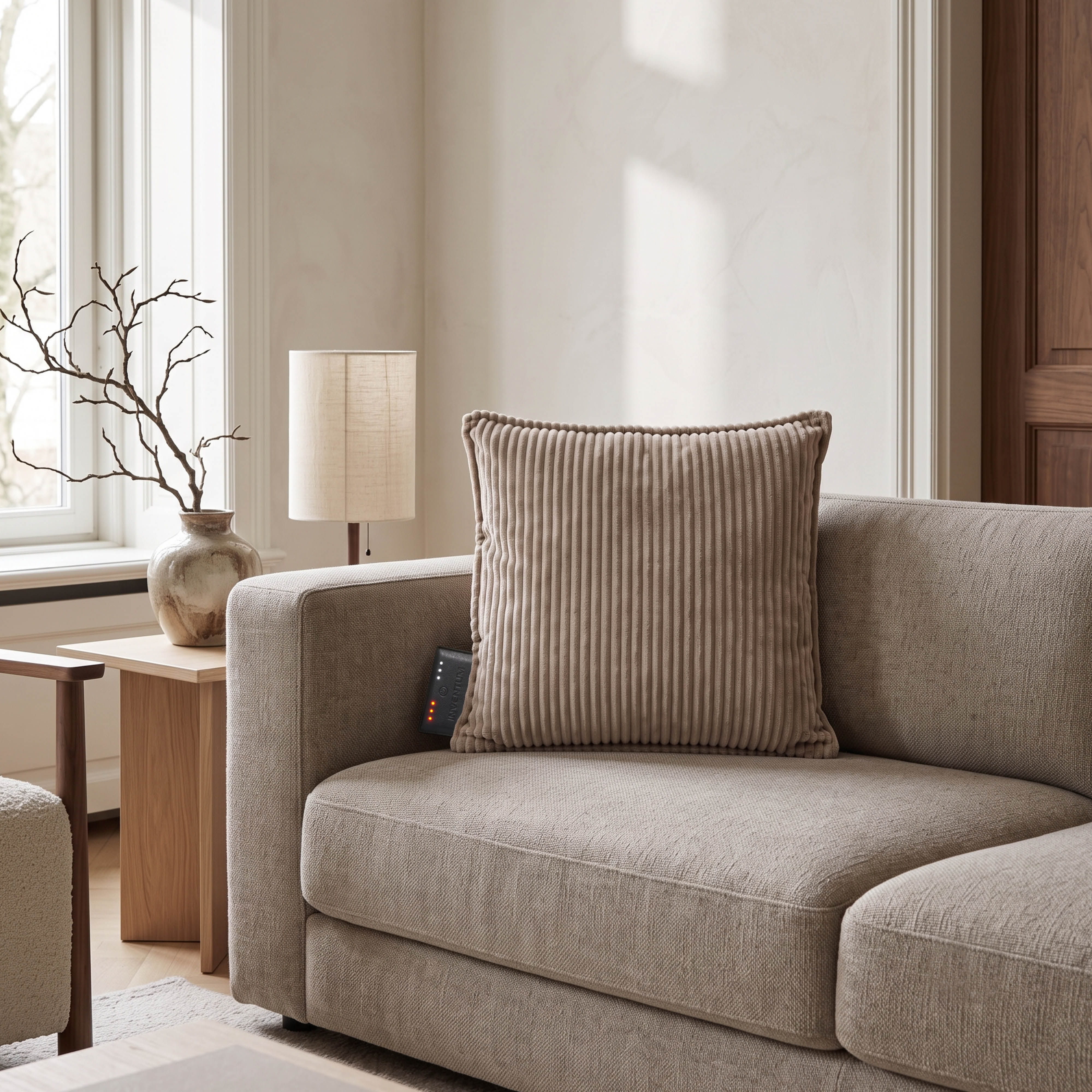Coussin en velours côtelé beige sur un canapé beige dans un salon lumineux avec une lampe.
