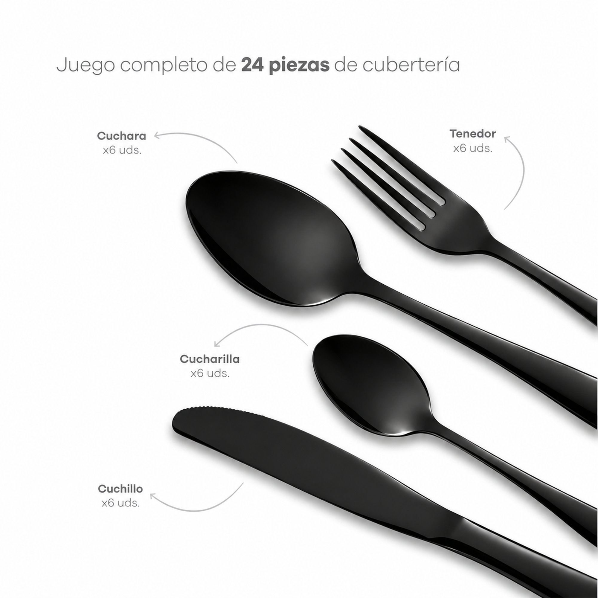 Un juego de cubiertos negros con cuchara, tenedor, cucharilla y cuchillo, con etiquetas en español.