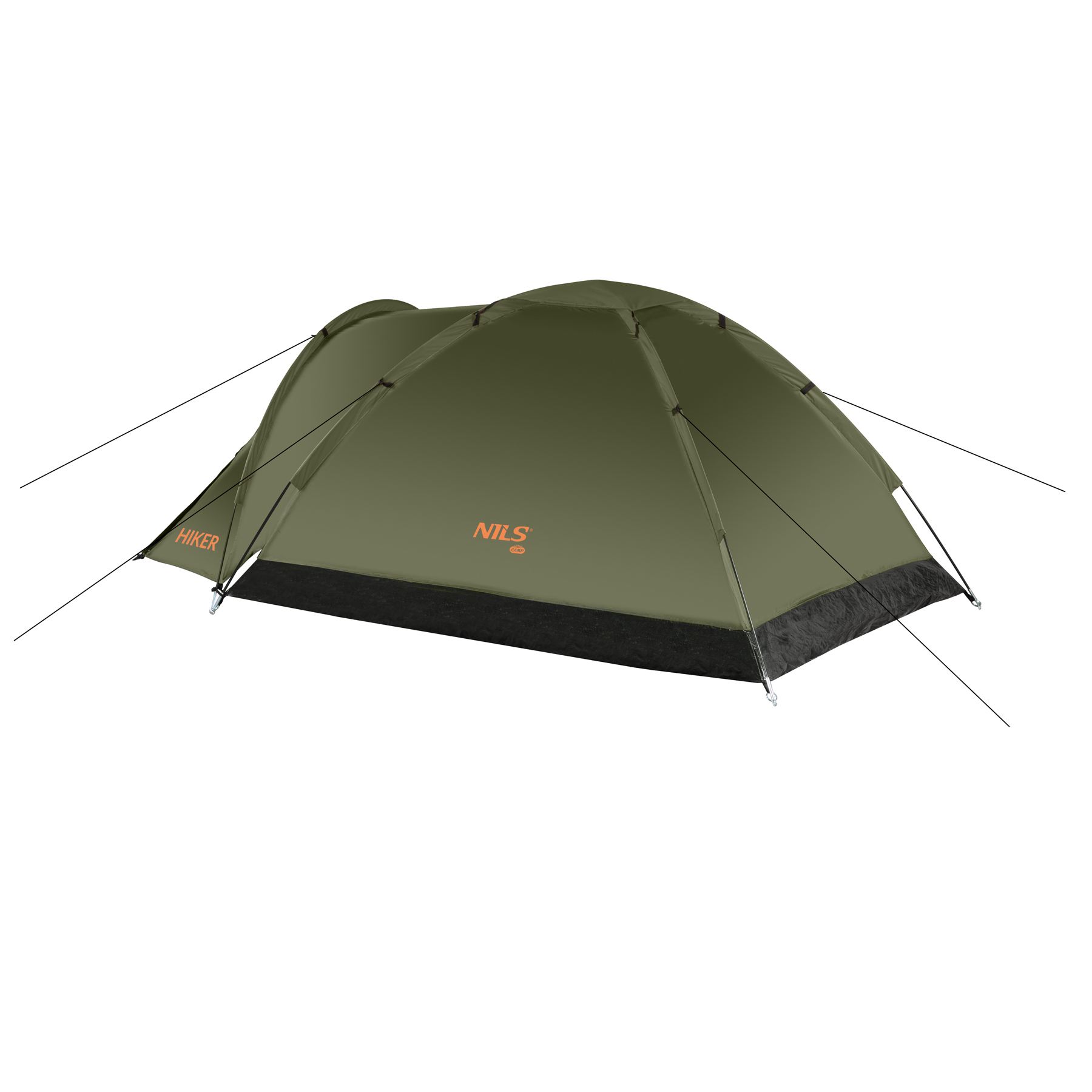 Zielony namiot Nils Camp Hiker z czarną podstawą i pomarańczowym logo na białym tle.