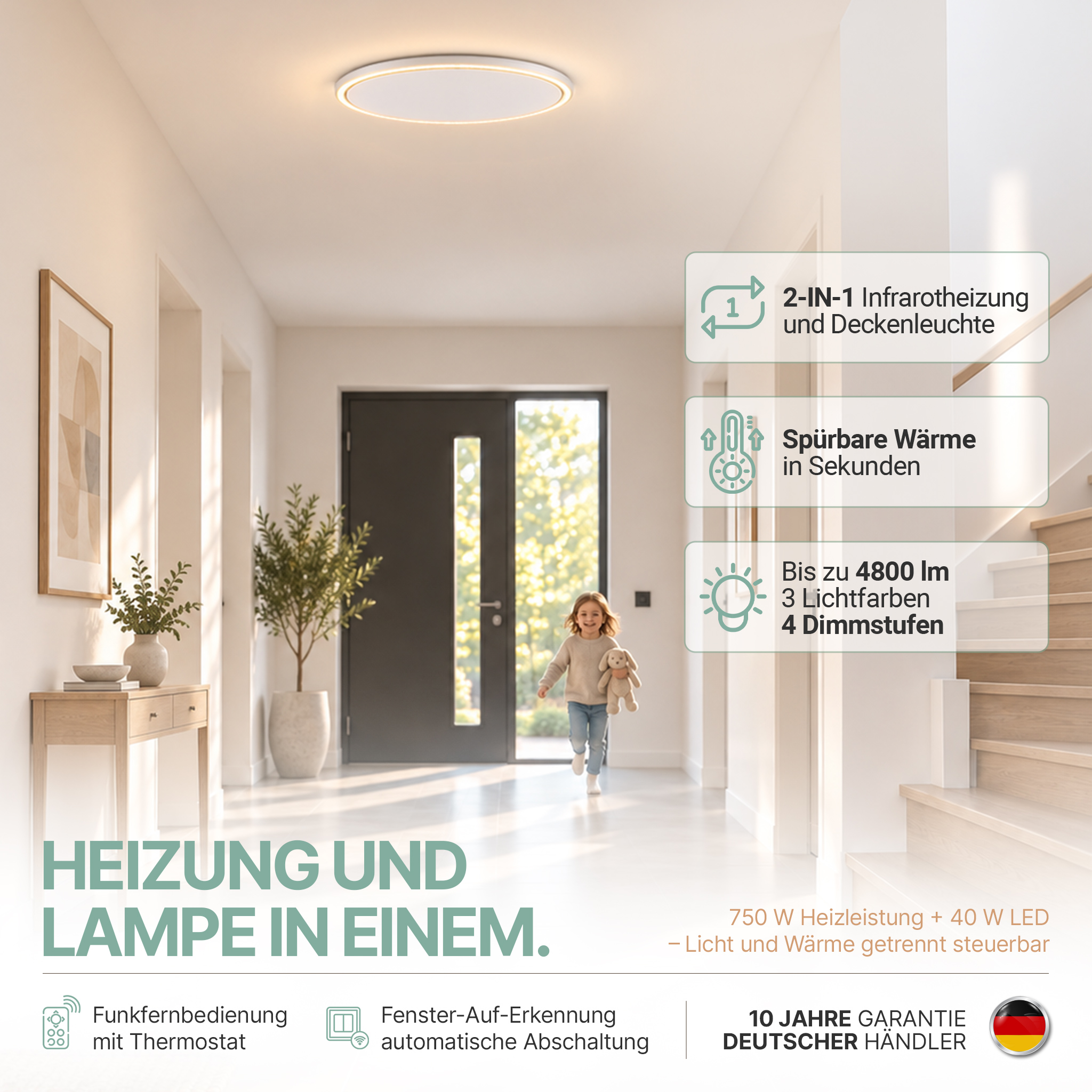 Moderne Deckenleuchte mit Infrarotheizung in einem hellen Flur mit Kind.