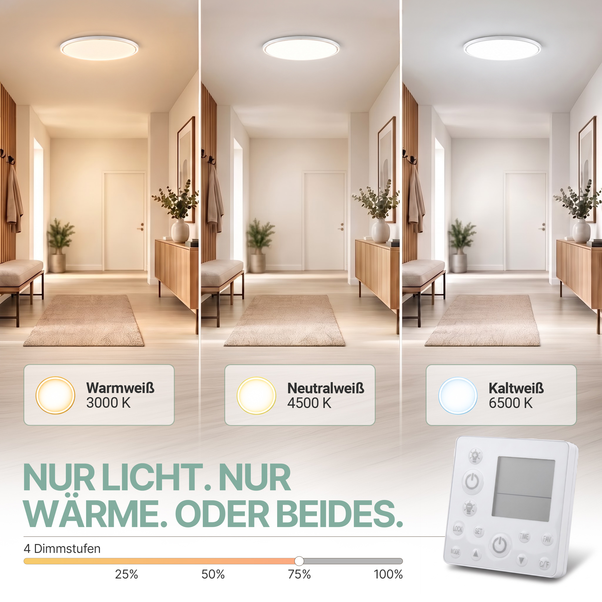 Flurbeleuchtung mit drei Farbtemperaturen: Warmweiß 3000K, Neutralweiß 4500K und Kaltweiß 6500K, inklusive Fernbedienung.